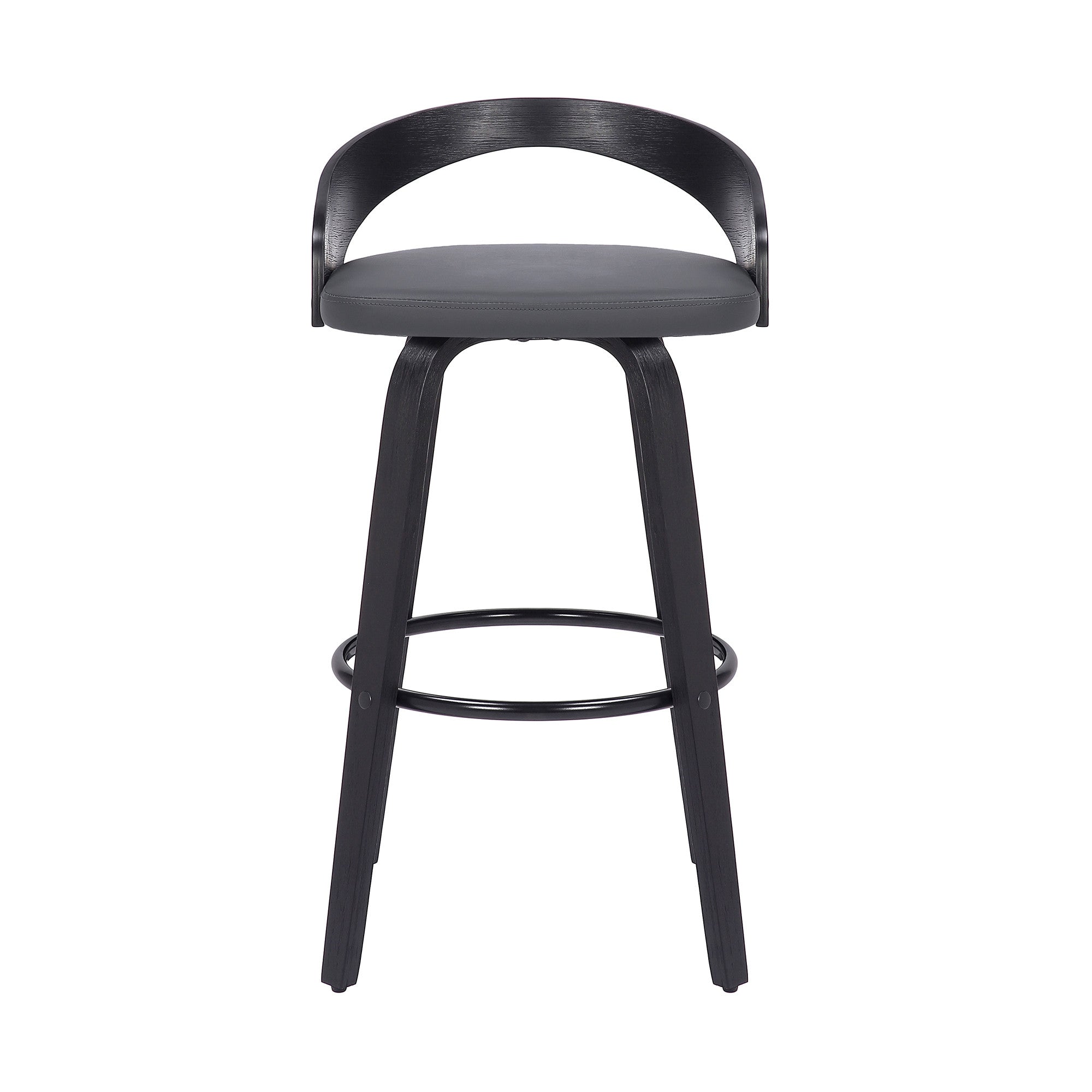26" Gray And Black Faux Leather And Fabric And Iron Low Back Counter Height Swivel Bar Chair