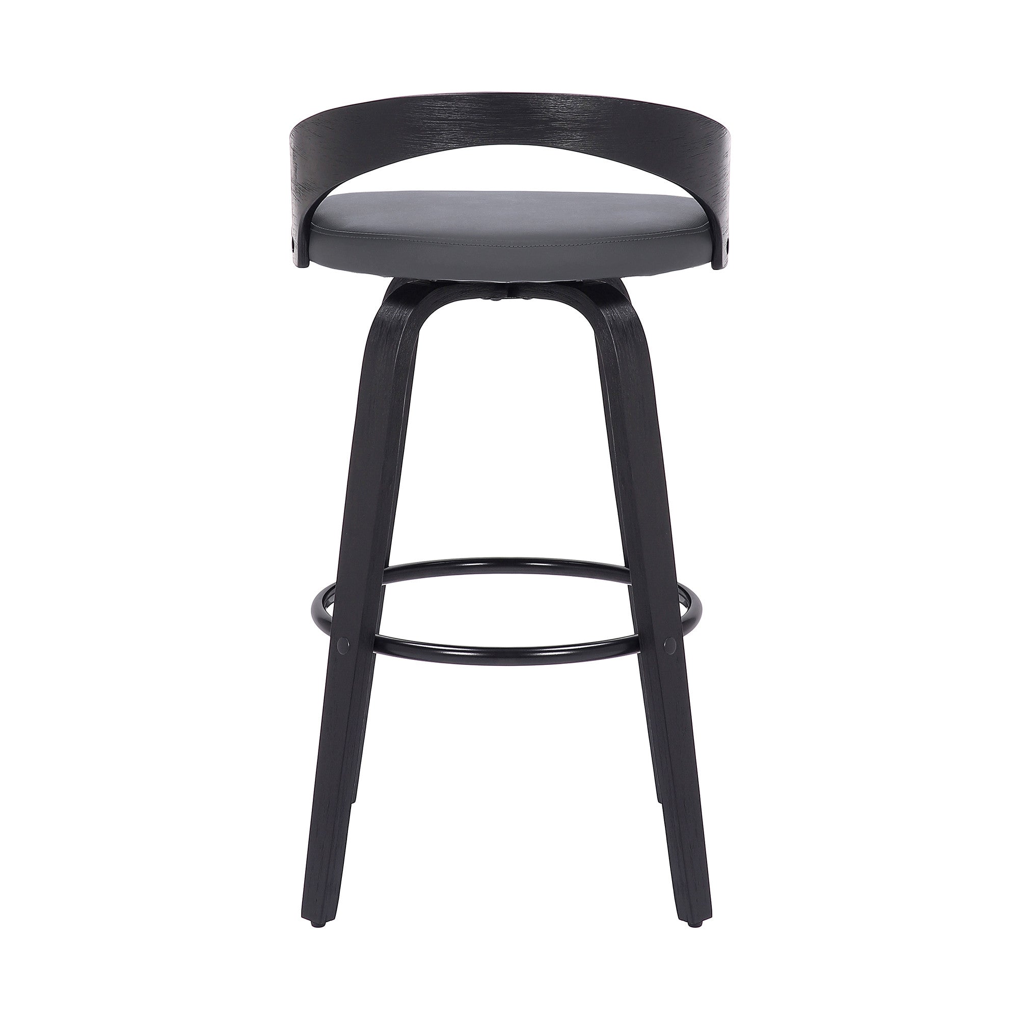 26" Gray And Black Faux Leather And Fabric And Iron Low Back Counter Height Swivel Bar Chair