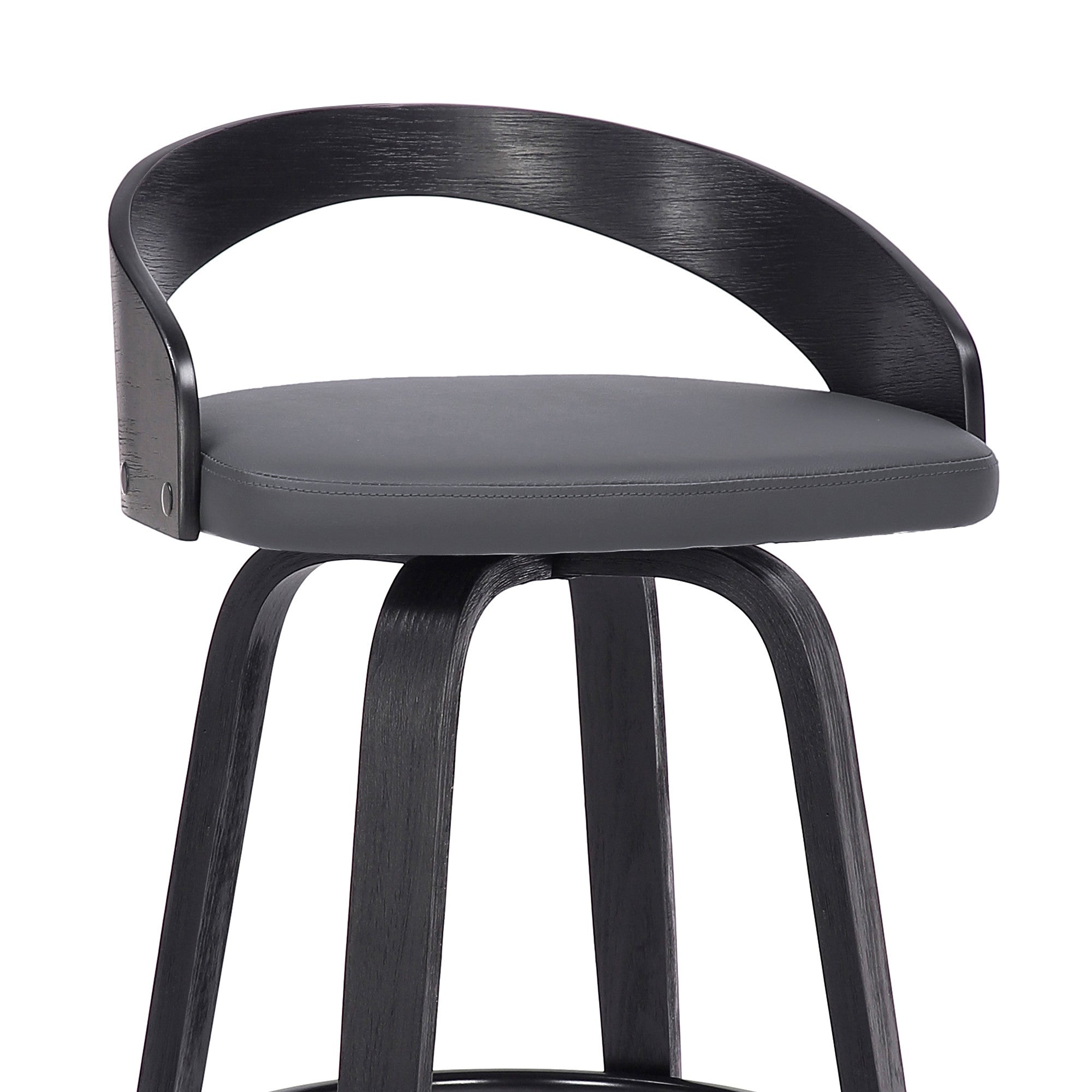 26" Gray And Black Faux Leather And Fabric And Iron Low Back Counter Height Swivel Bar Chair