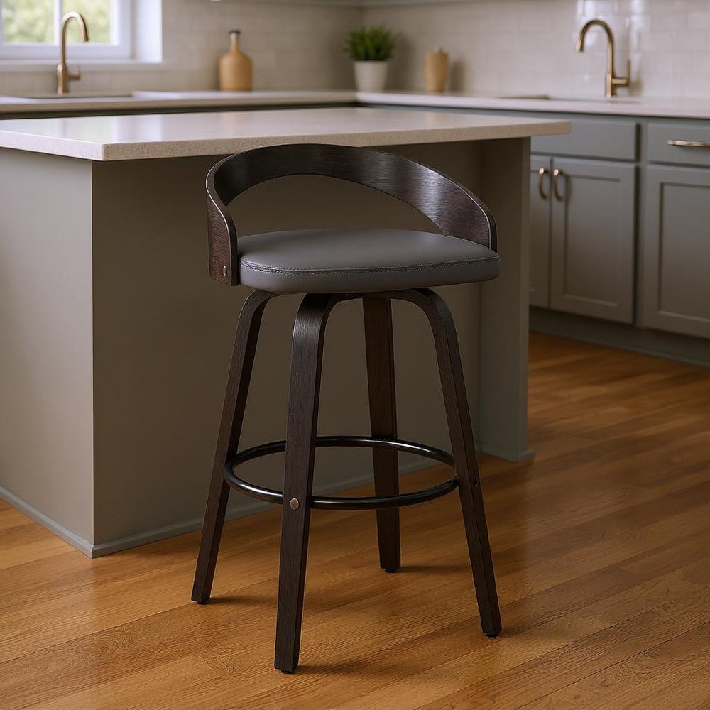 26" Gray And Black Faux Leather And Iron Swivel Low Back Counter Height Bar Chair