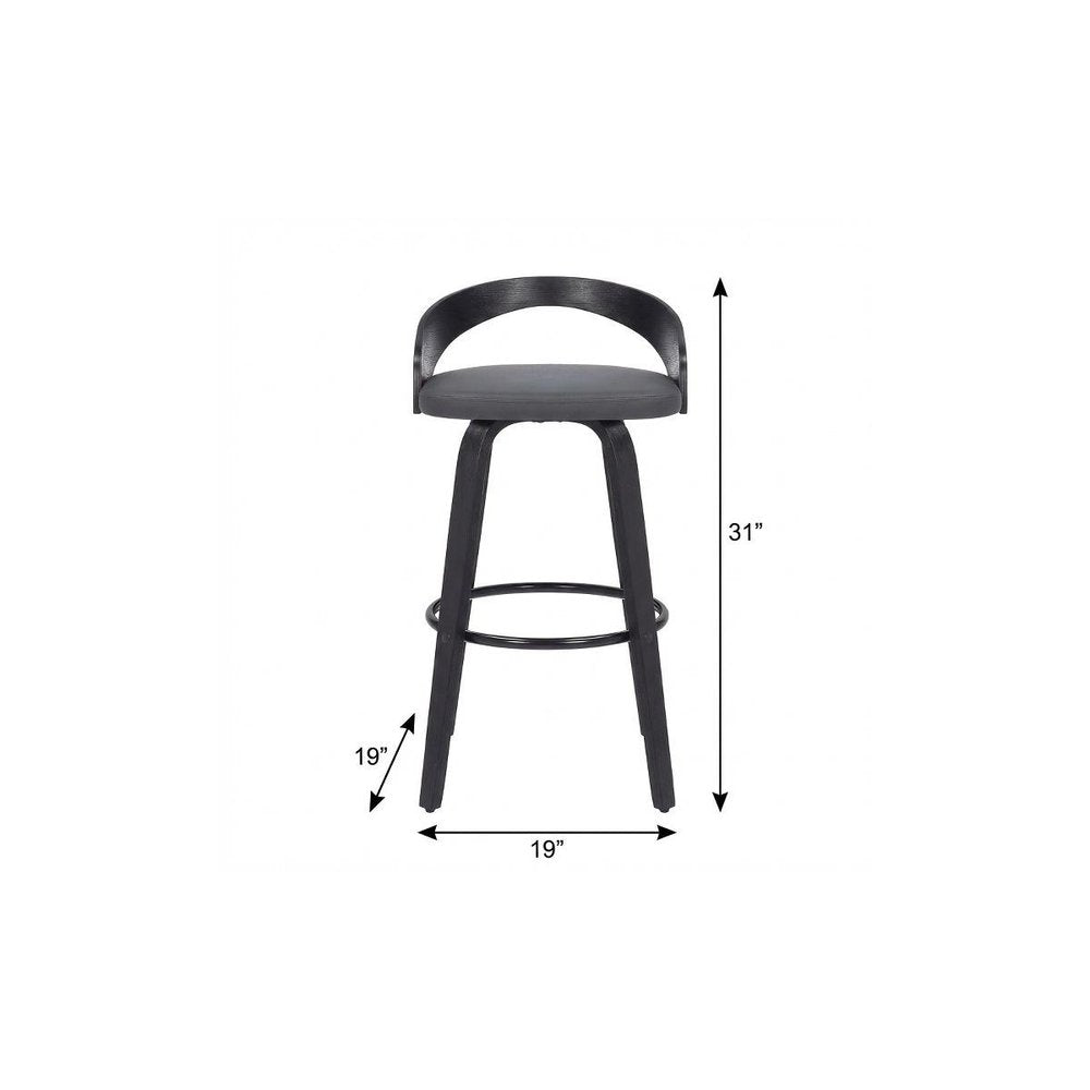 26" Gray And Black Faux Leather And Iron Swivel Low Back Counter Height Bar Chair