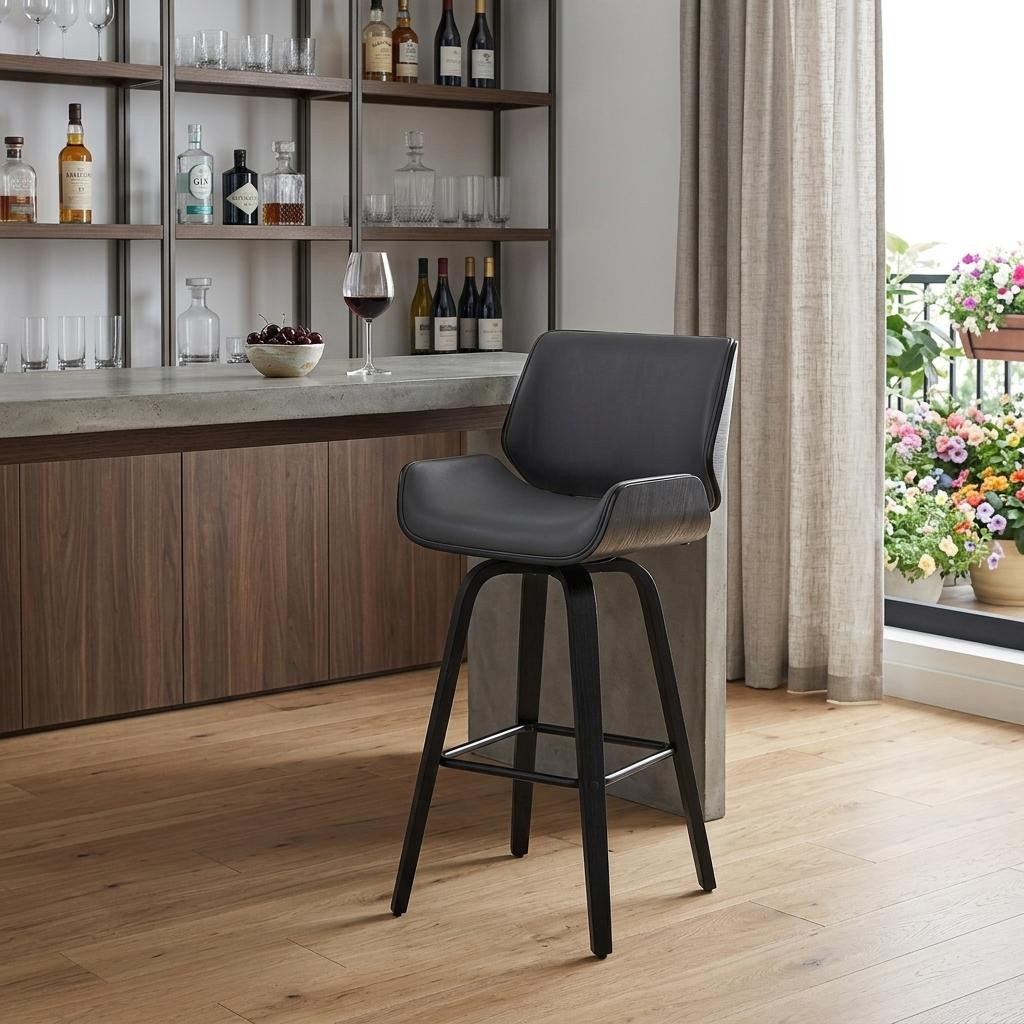 30" Gray And Black Fabric And Iron Bar Height Swivel Bar Chair