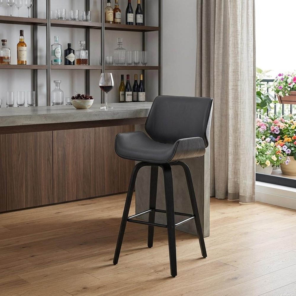 30" Gray and Black Faux Leather and Iron Bar Height Swivel Bar Chair