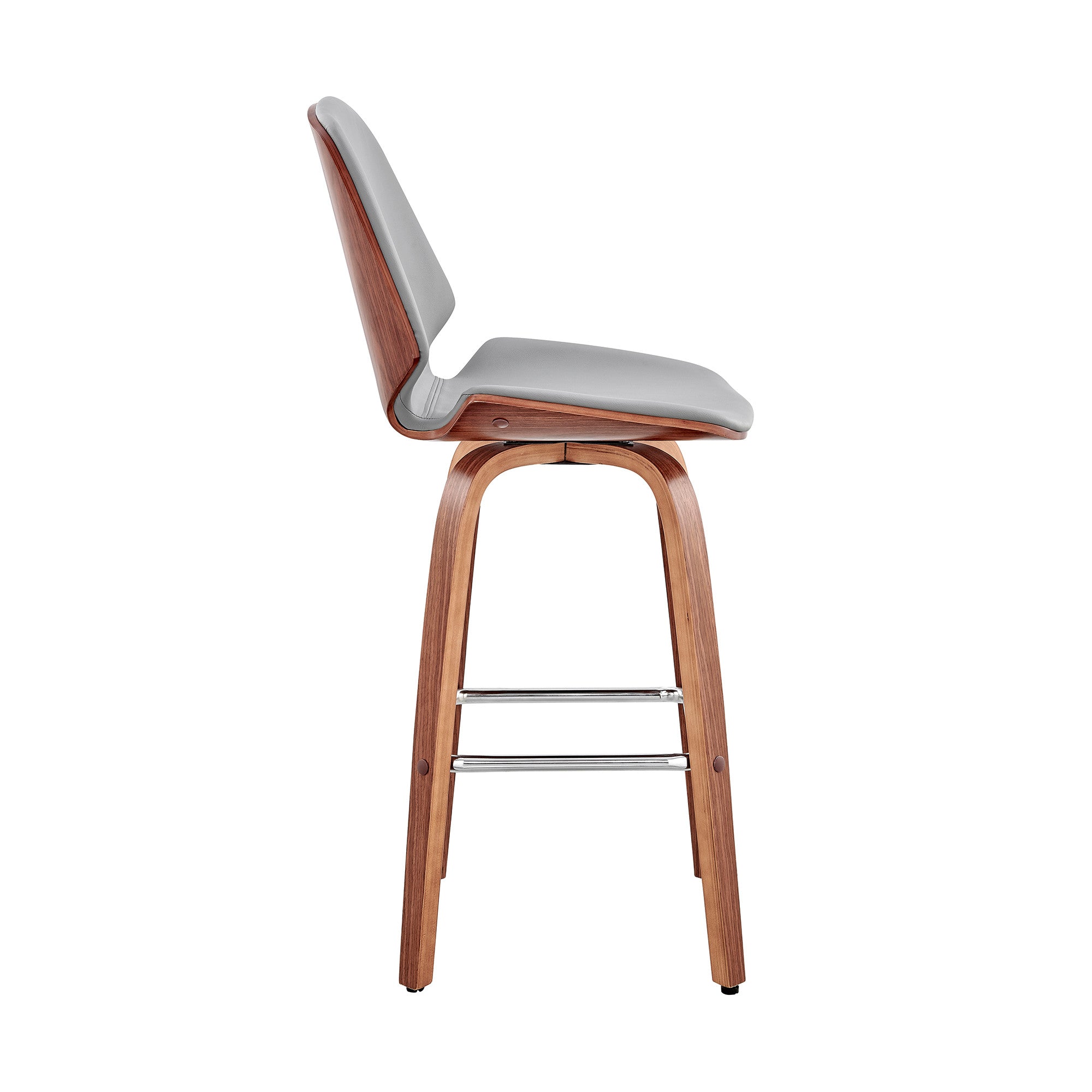 26" Gray And Brown Fabric And Wood Counter Height Swivel Bar Chair