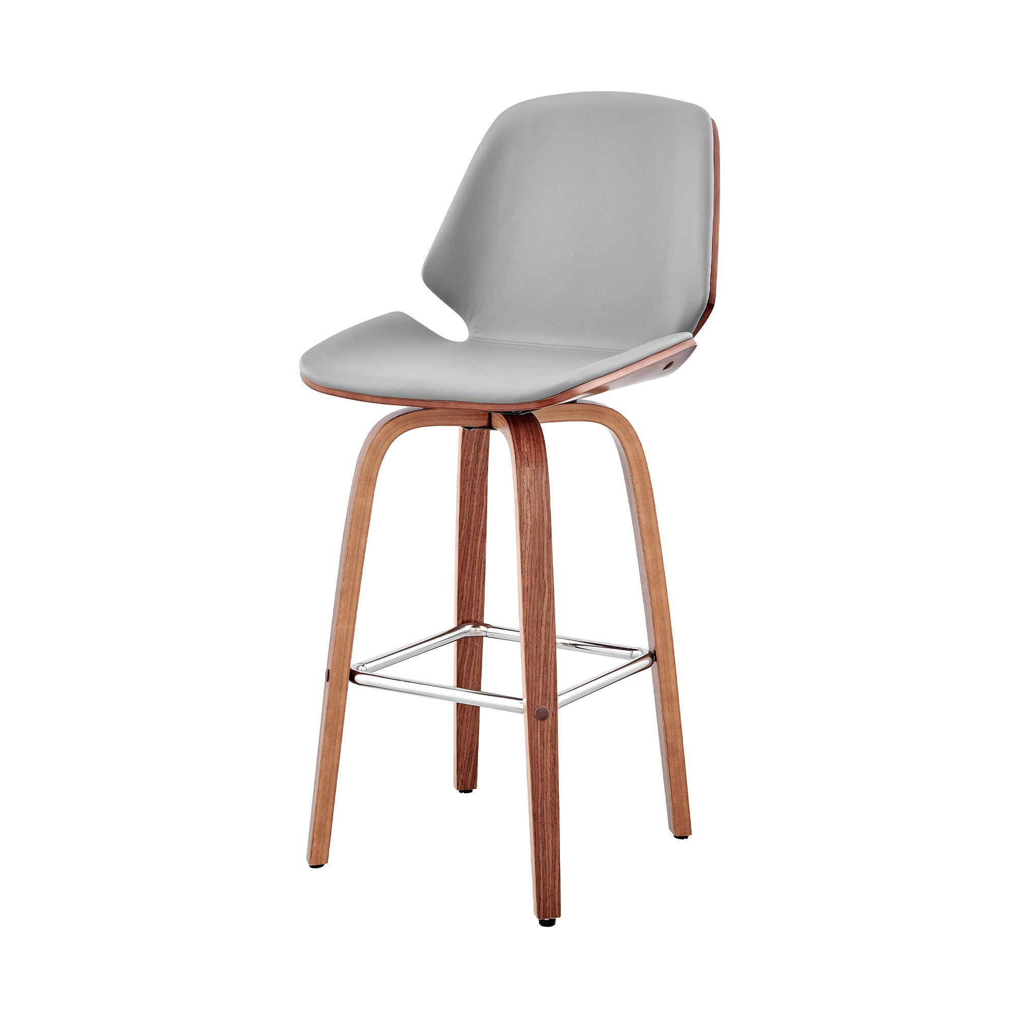 26" Gray And Brown Fabric And Wood Counter Height Swivel Bar Chair