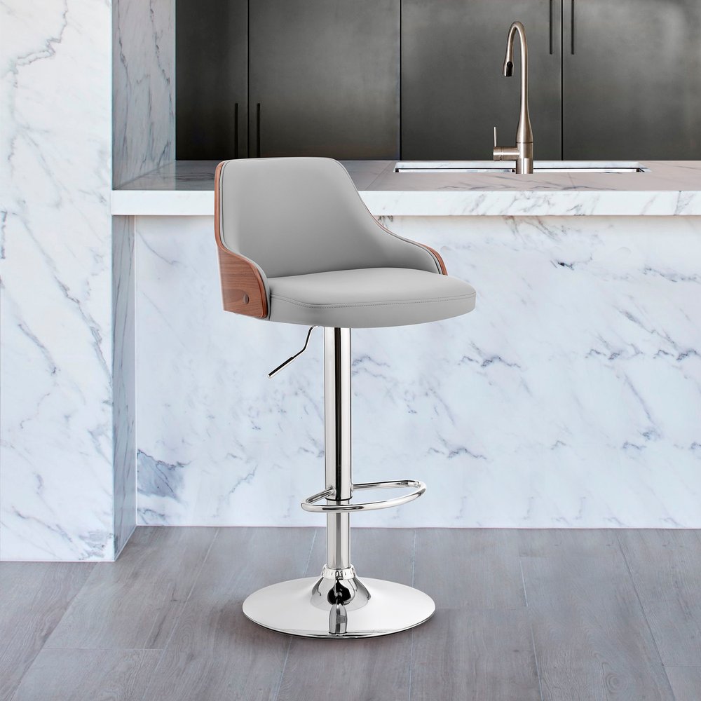 Gray And Silver Faux Leather And Iron Adjustable Height Swivel Bar Chair