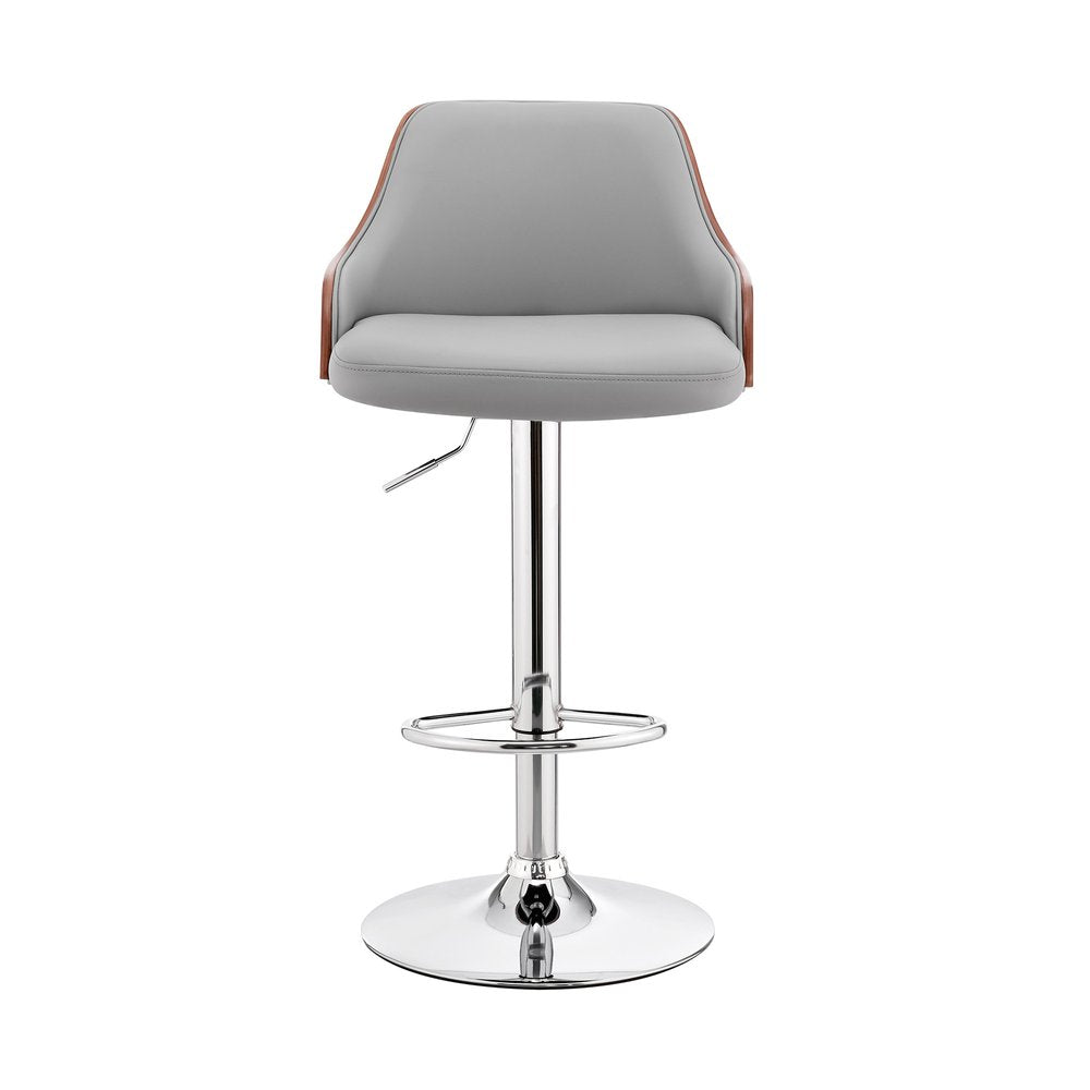 Gray And Silver Faux Leather And Iron Adjustable Height Swivel Bar Chair