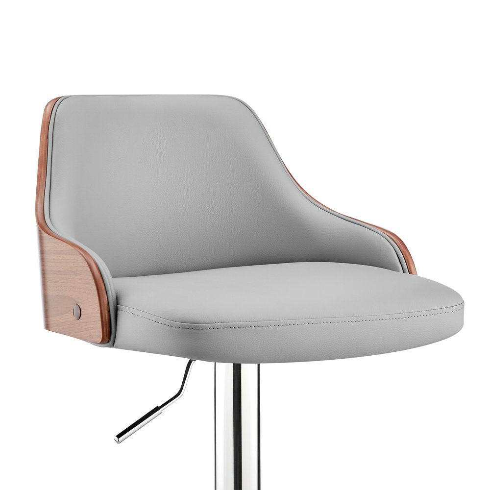 Gray And Silver Faux Leather And Iron Adjustable Height Swivel Bar Chair