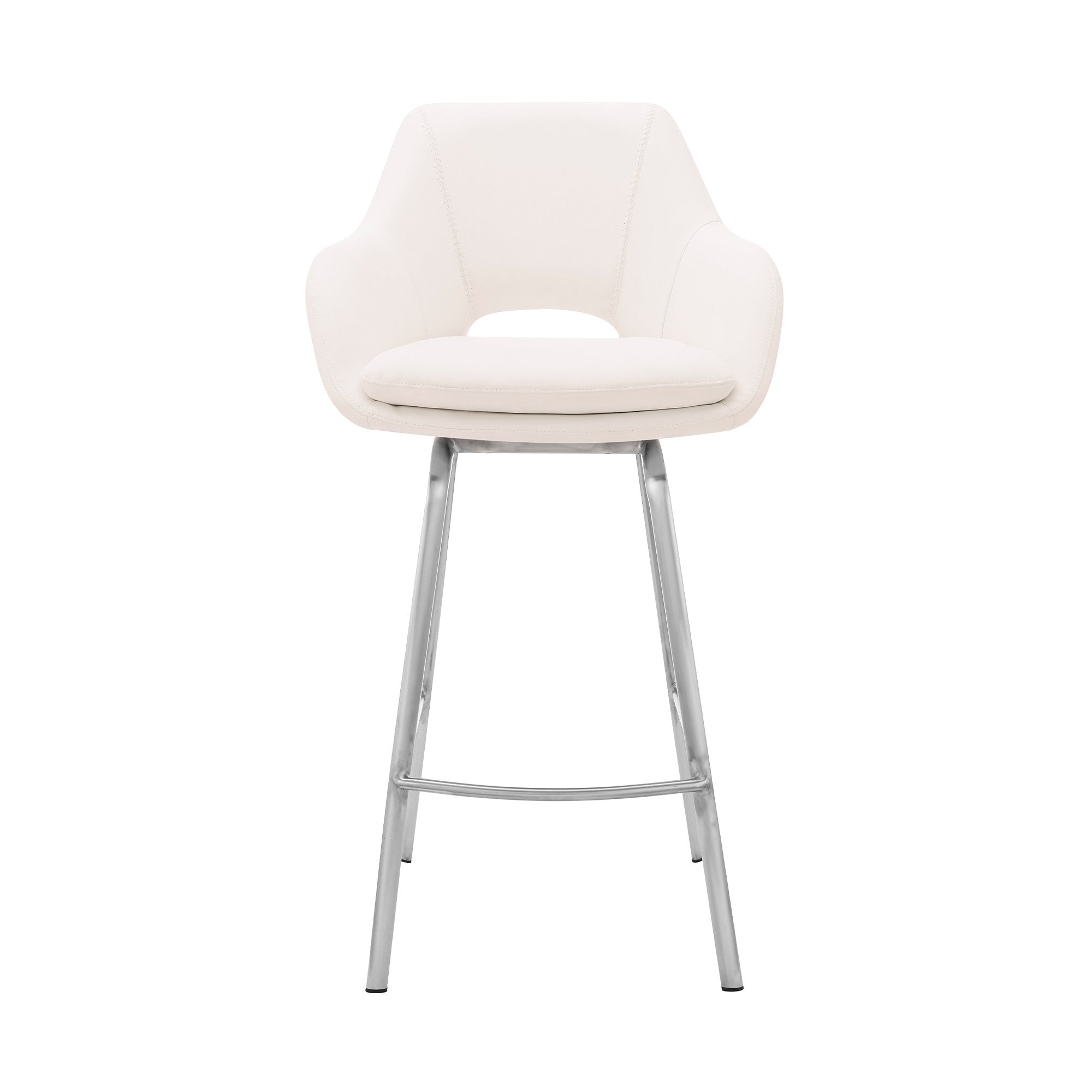 30" White And Silver Fabric And Iron Low Back Bar Height Swivel Bar Chair