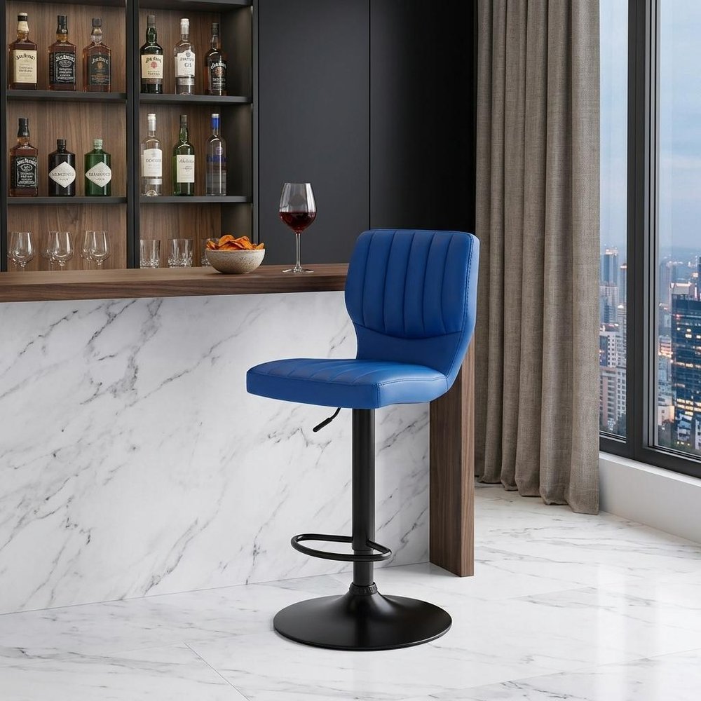 25" Blue And Black Iron Swivel Adjustable Height Bar Chair