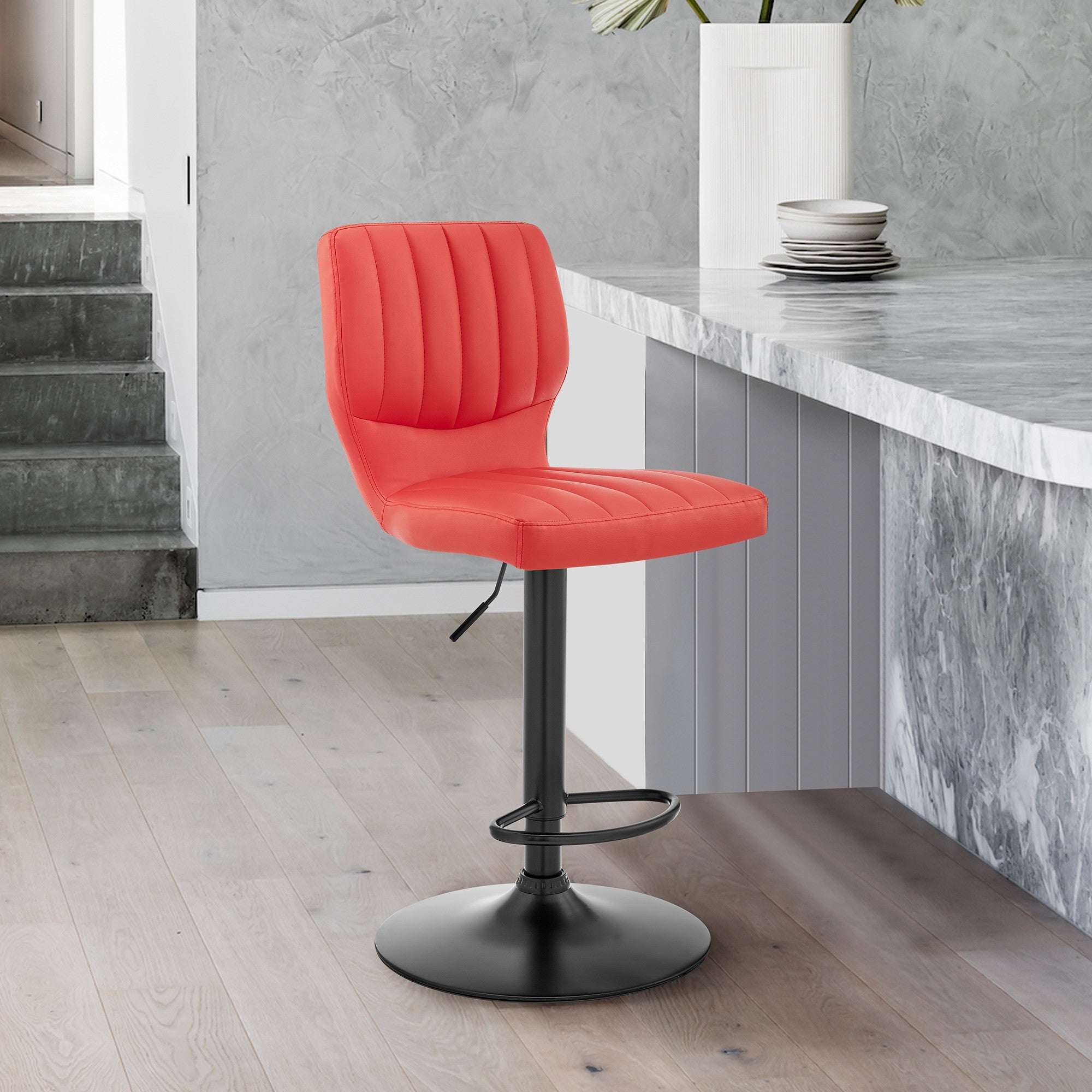 Red And Black Fabric And Faux Leather And Iron Adjustable Height Swivel Bar Chair