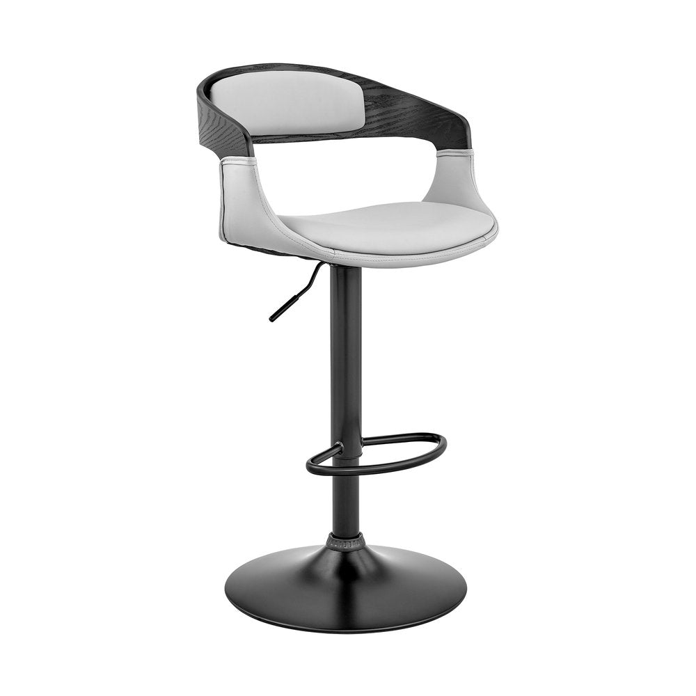 Gray And Black Fabric And Faux Leather And Iron Low Back Adjustable Height Swivel Bar Chair