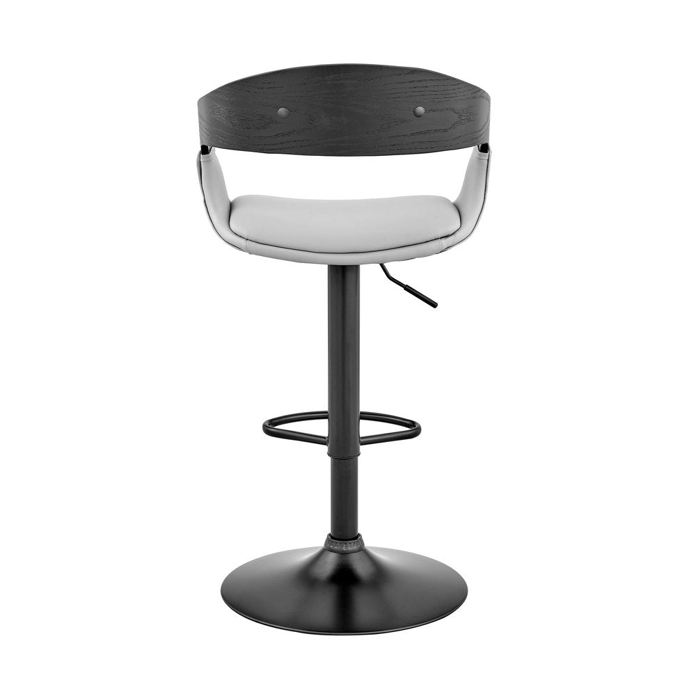 Gray And Black Fabric And Faux Leather And Iron Low Back Adjustable Height Swivel Bar Chair