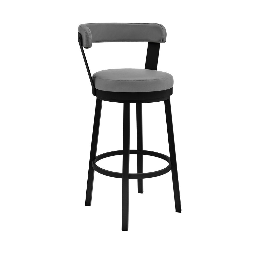 30" Gray And Black Fabric And Iron Bar Height Swivel Bar Chair