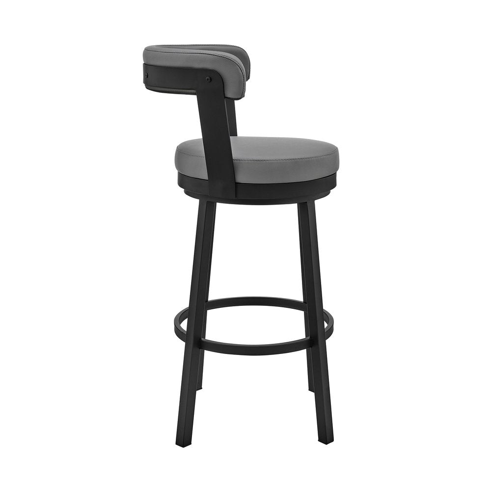 30" Gray And Black Fabric And Iron Bar Height Swivel Bar Chair