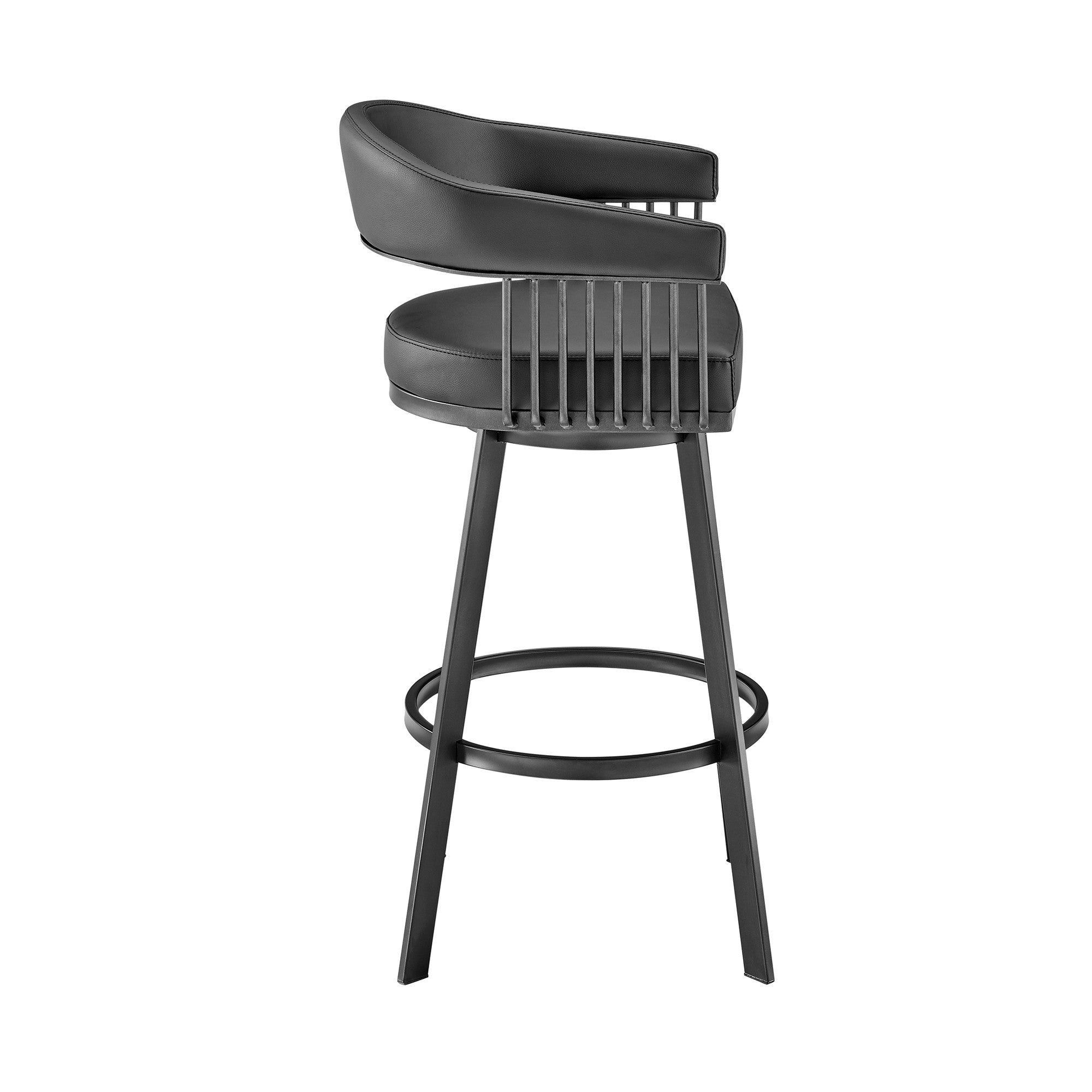 29" Black Fabric And Iron Low Back Bar Height Swivel Bar Chair