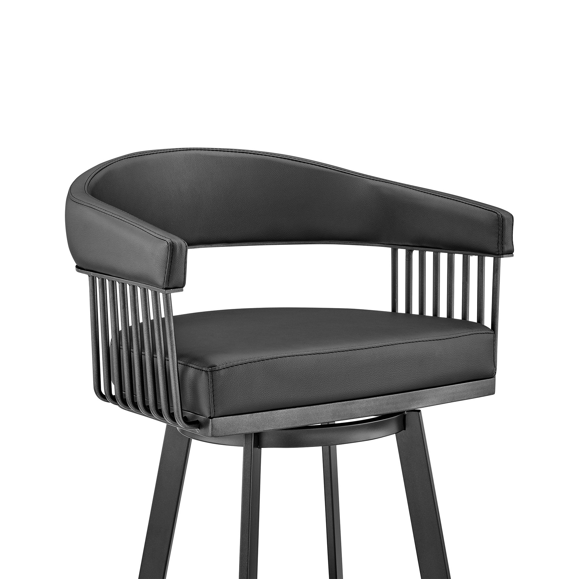 29" Black Fabric And Iron Low Back Bar Height Swivel Bar Chair