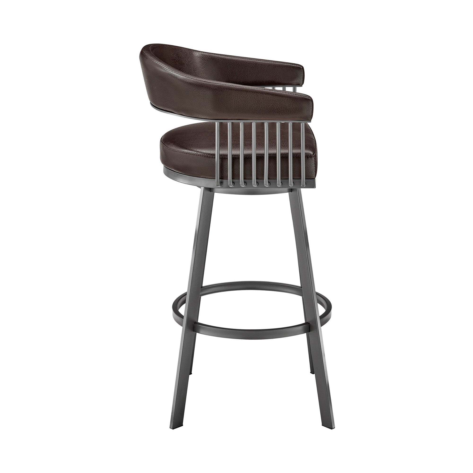 25" Chocolate And Gray Fabric And Faux Leather And Iron Low Back Counter Height Swivel Bar Chair