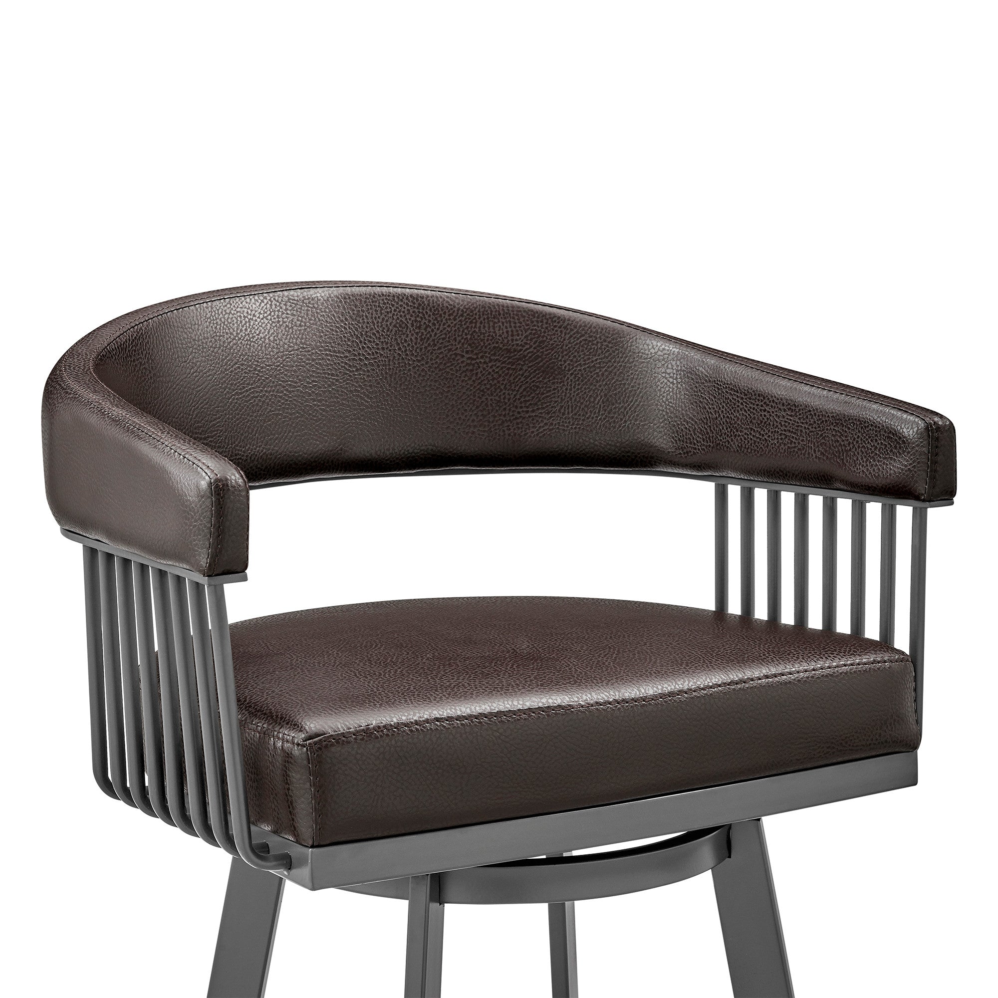 25" Chocolate And Gray Fabric And Faux Leather And Iron Low Back Counter Height Swivel Bar Chair
