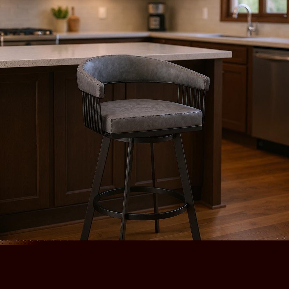 25" Gray And Black Iron Swivel Low Back Counter Height Bar Chair