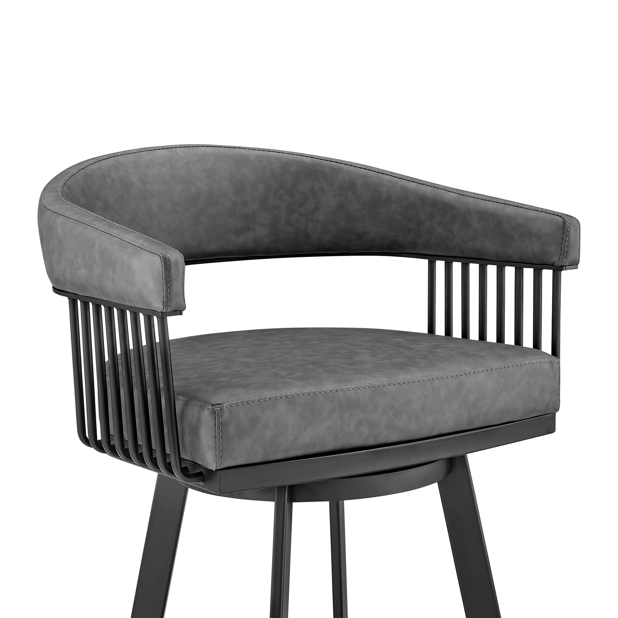 29" Gray And Black Fabric And Iron Low Back Bar Height Swivel Bar Chair