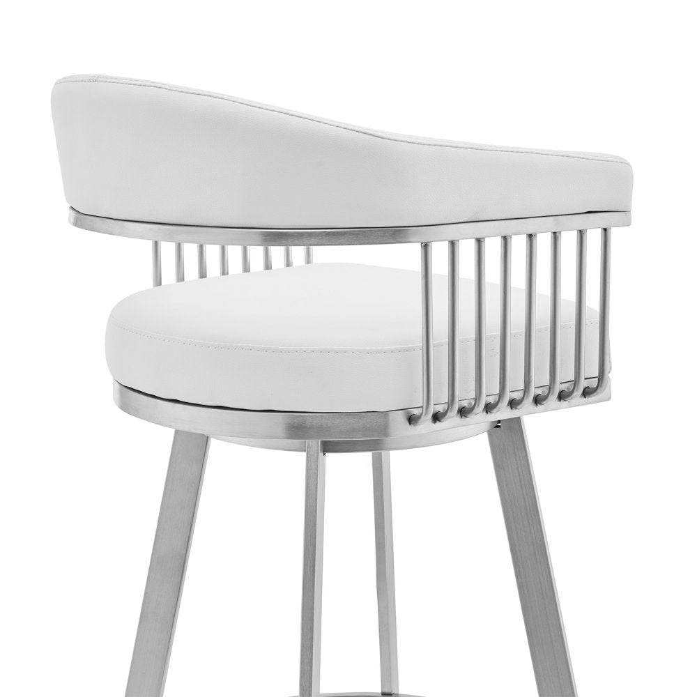 29" White And Silver Fabric And Iron Low Back Bar Height Swivel Bar Chair