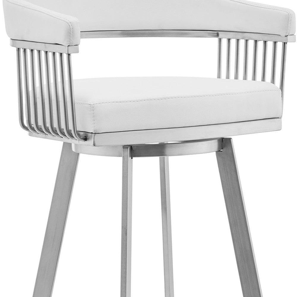 29" White And Silver Fabric And Iron Low Back Bar Height Swivel Bar Chair