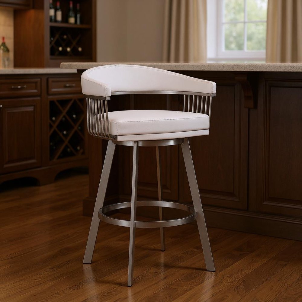 29" White And Silver Fabric And Iron Low Back Bar Height Swivel Bar Chair