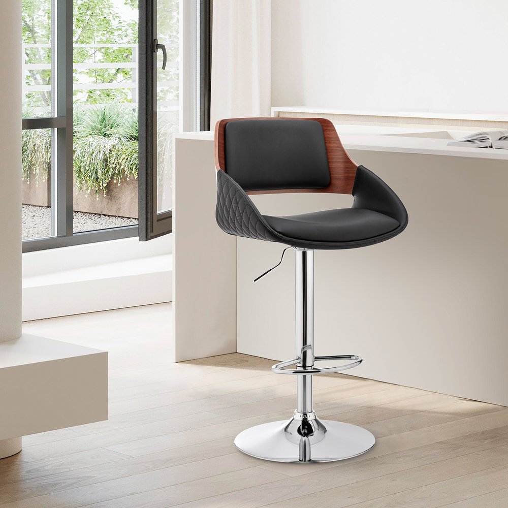 Black And Silver Fabric And Iron Low Back Adjustable Height Swivel Bar Chair