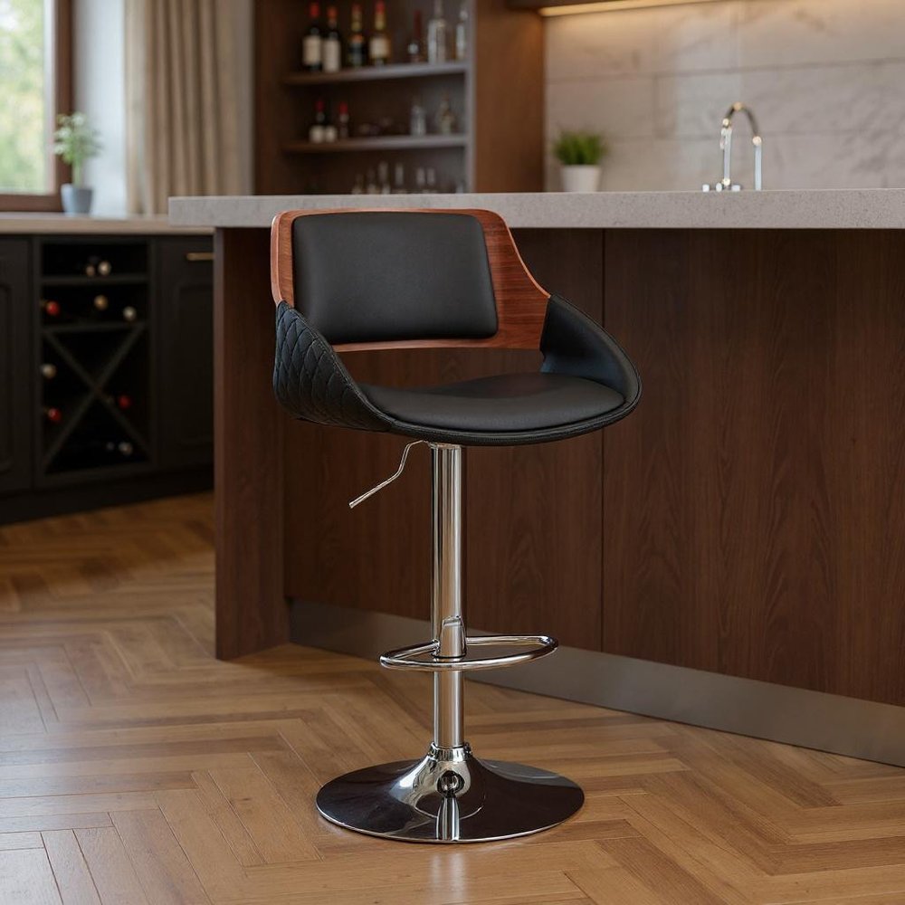 Black And Silver Fabric And Iron Low Back Adjustable Height Swivel Bar Chair