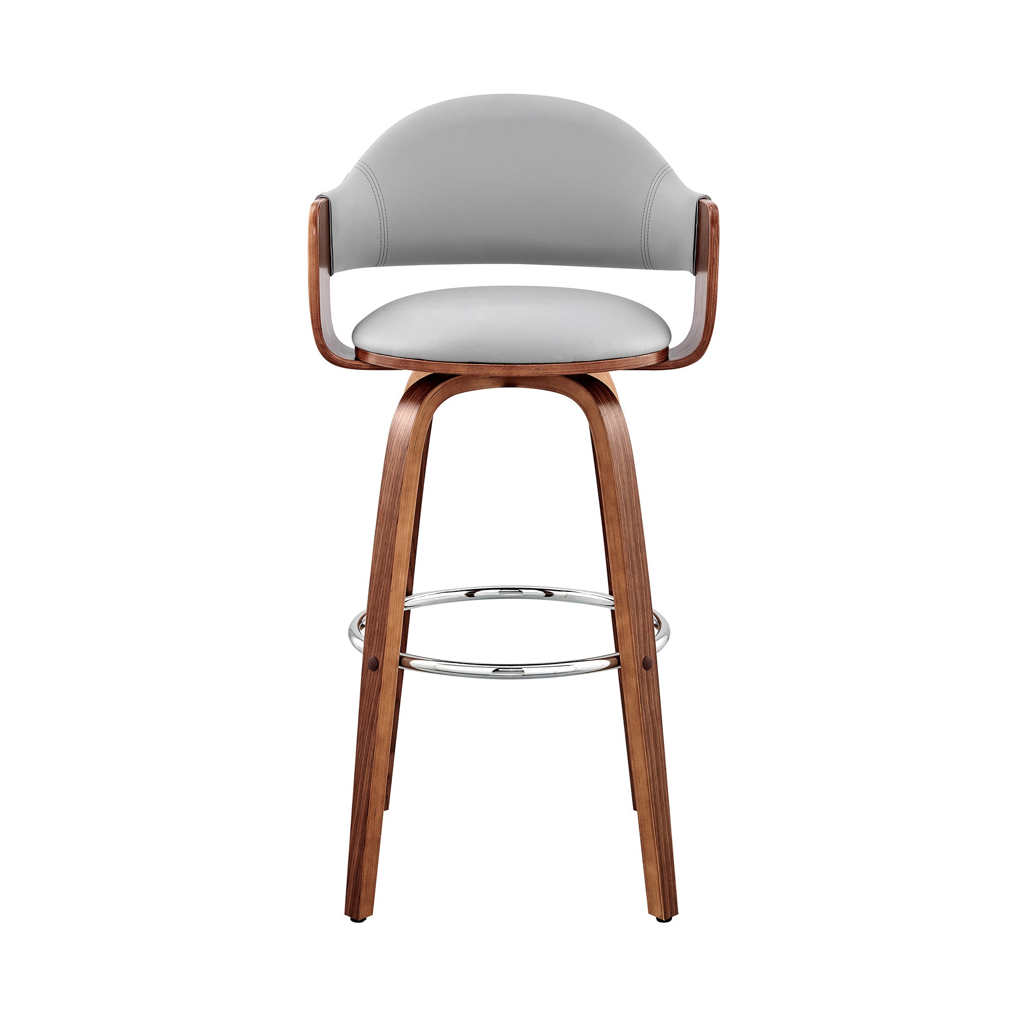 26" Gray And Brown Fabric And Wood Low Back Counter Height Swivel Bar Chair