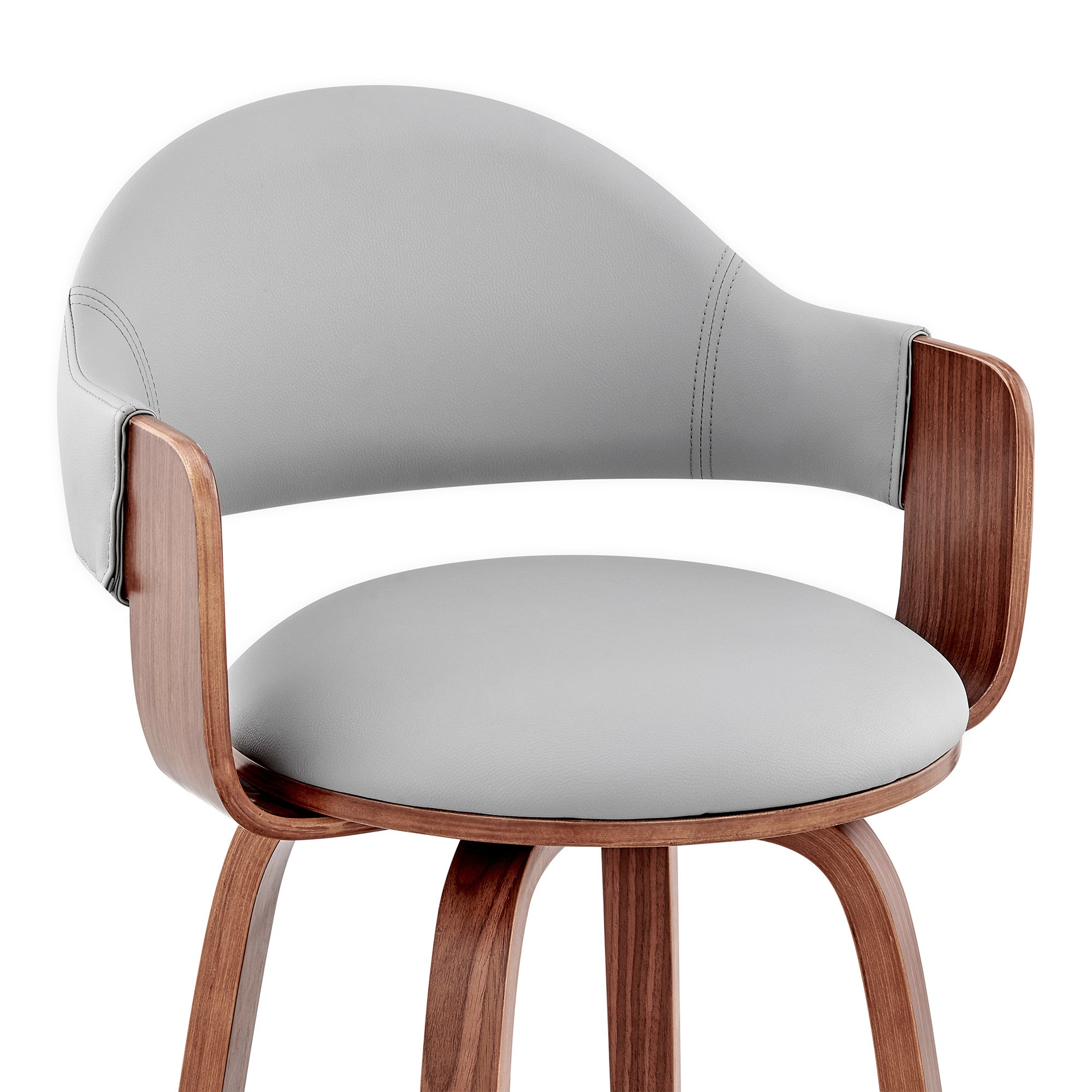 26" Gray And Brown Fabric And Wood Low Back Counter Height Swivel Bar Chair