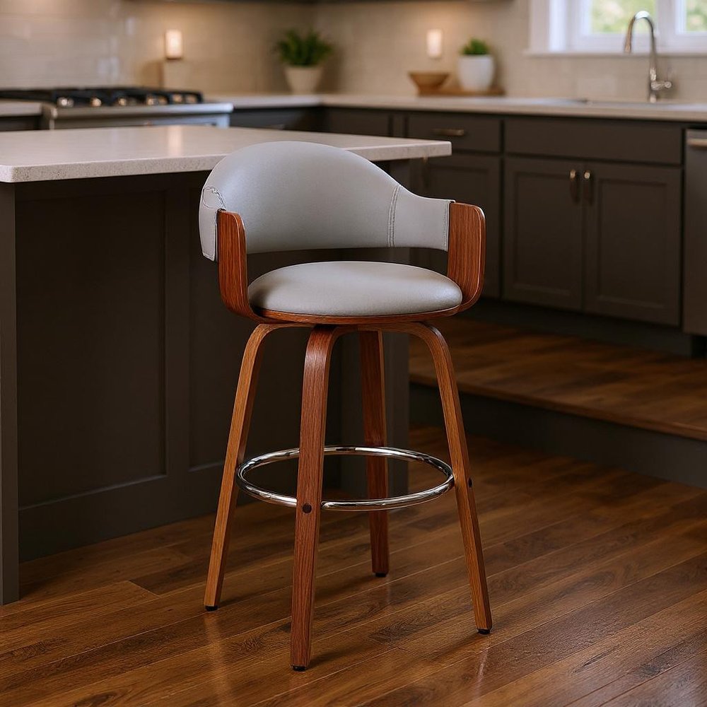 26" Gray And Brown Swivel Low Back Counter Height Bar Chair