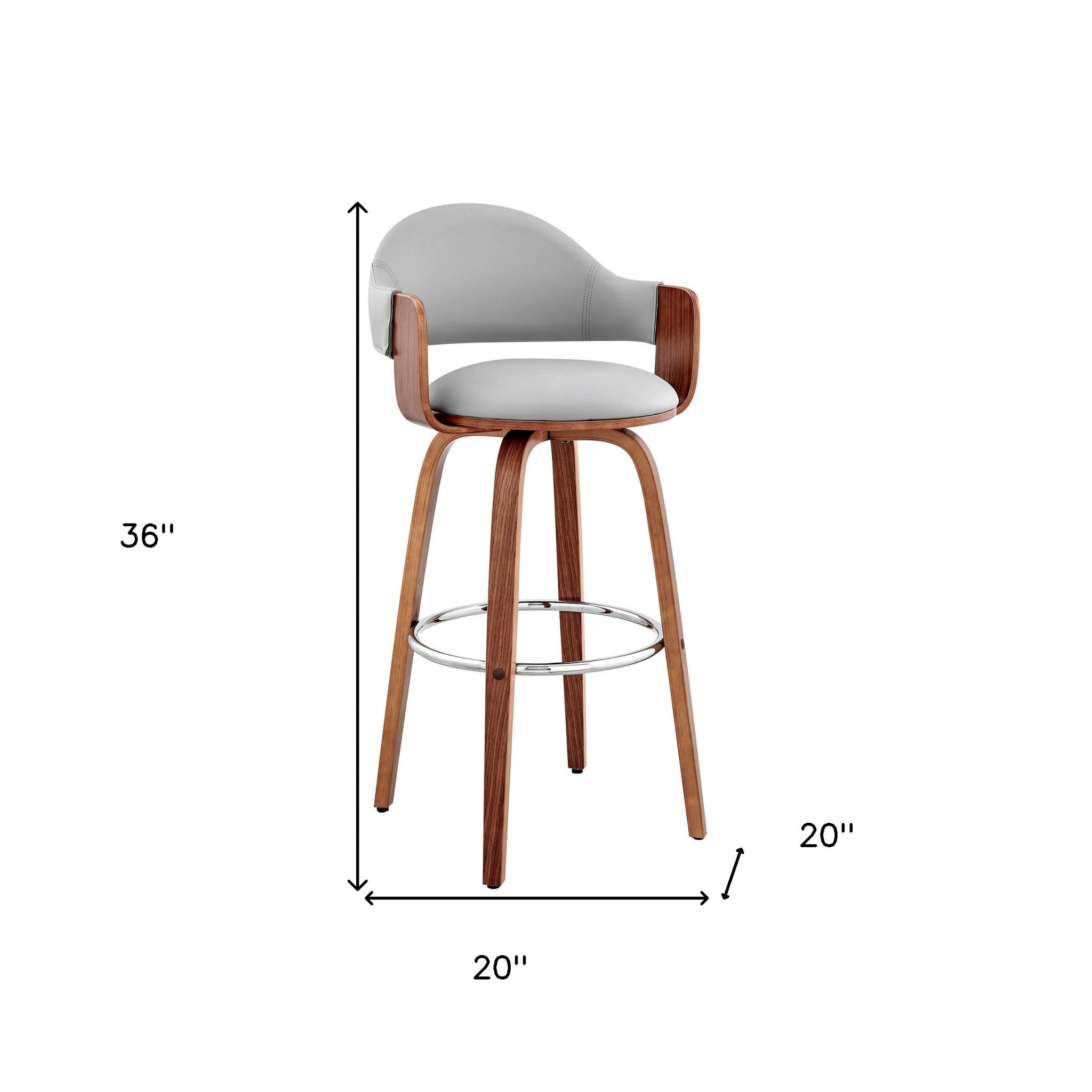 26" Gray And Brown Fabric And Wood Low Back Counter Height Swivel Bar Chair