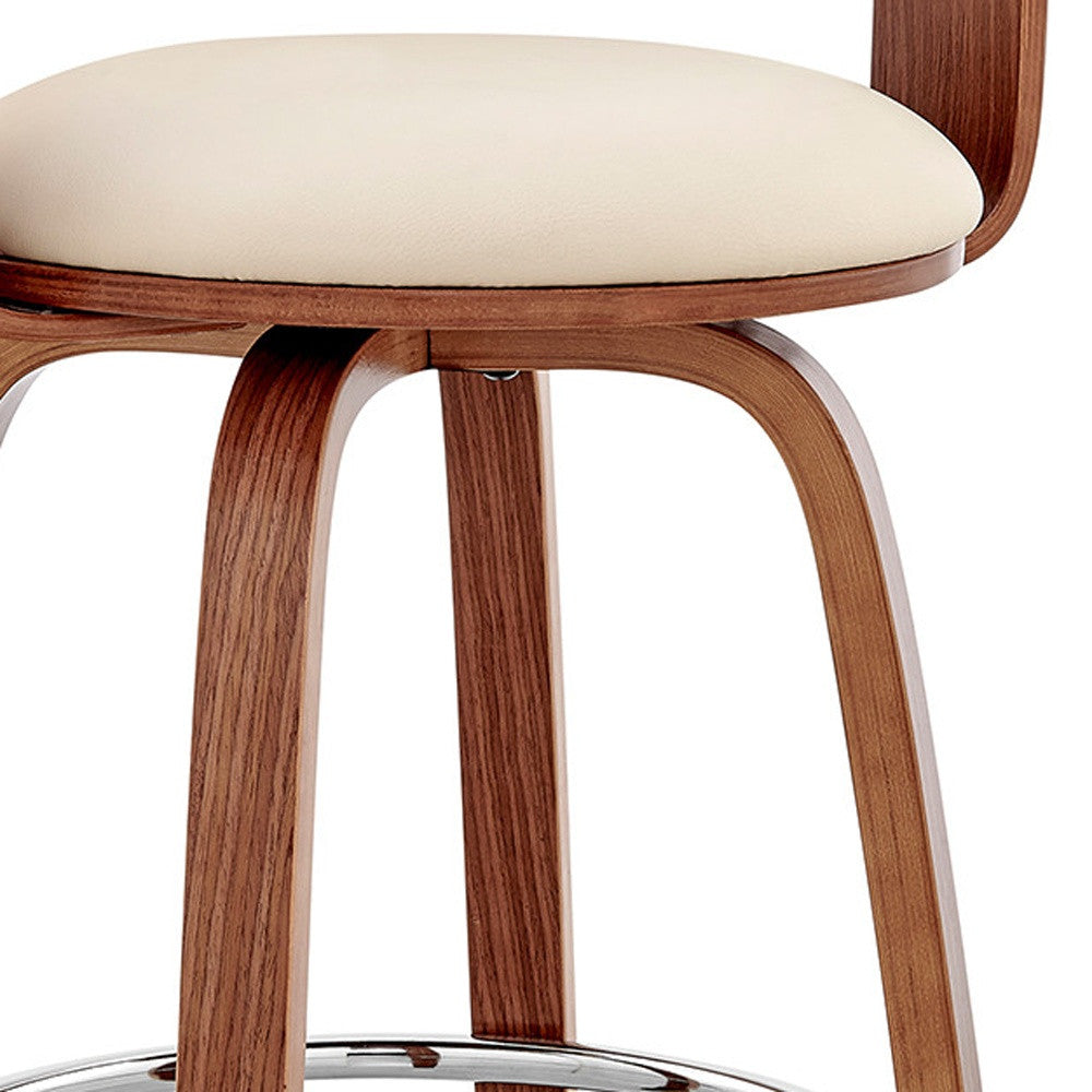 26" Cream And Brown Fabric And Wood Low Back Counter Height Swivel Bar Chair