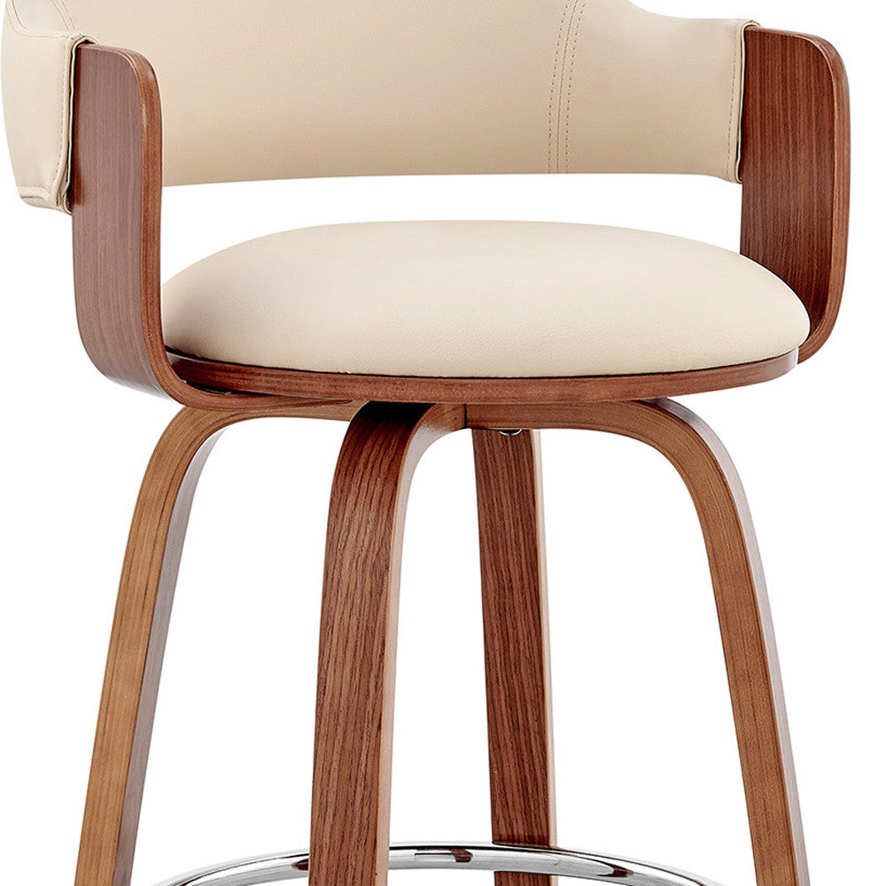 26" Cream And Brown Fabric And Wood Low Back Counter Height Swivel Bar Chair