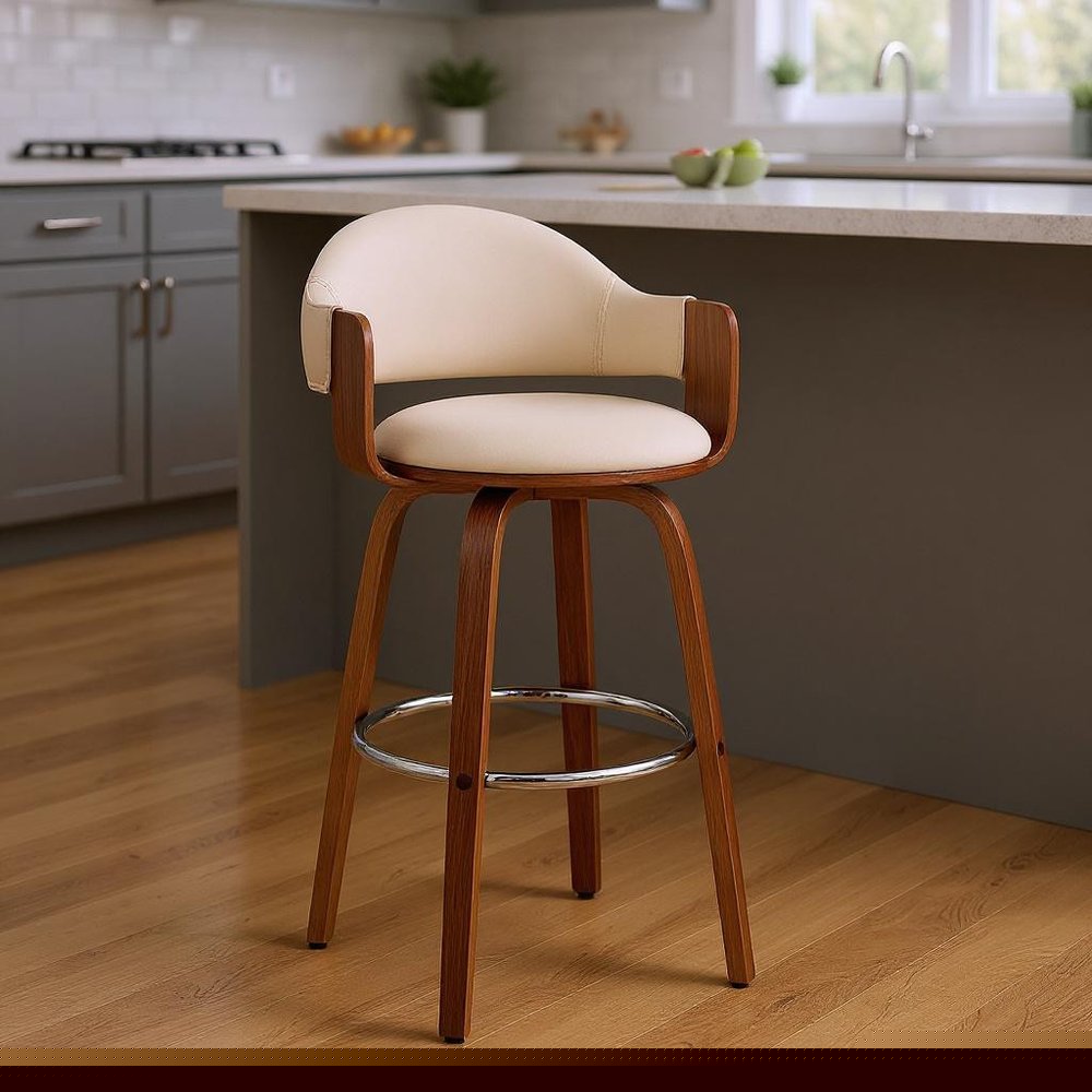 26" Cream And Brown Swivel Low Back Counter Height Bar Chair
