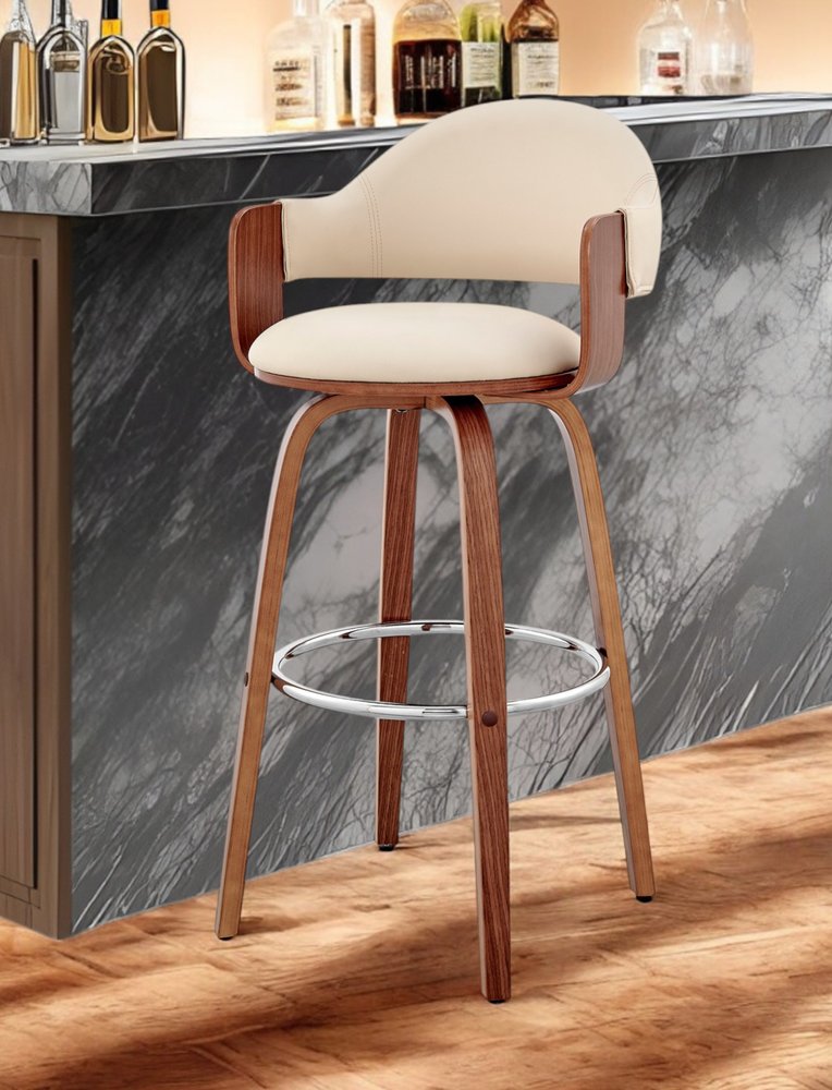 30" Cream and Brown Fabric Low Back Bar Height Swivel Bar Chair