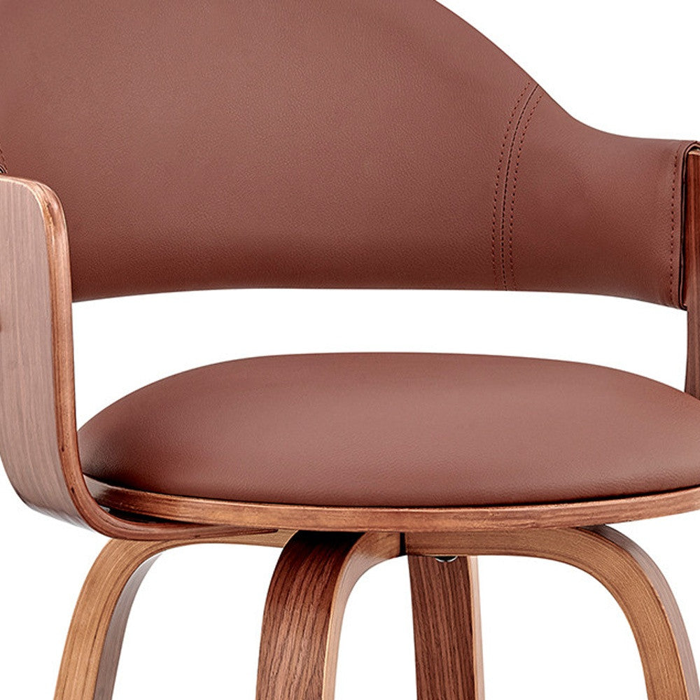 26" Brown Fabric And Wood Low Back Counter Height Swivel Bar Chair