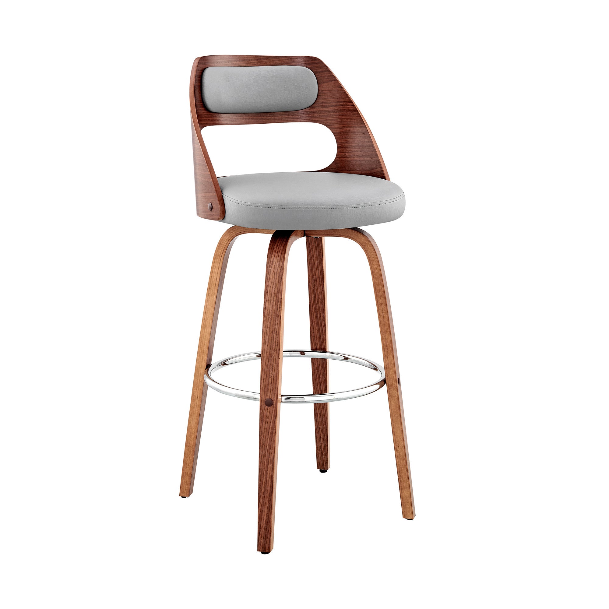 26" Gray And Brown Faux Leather And Fabric And Wood Counter Height Swivel Bar Chair