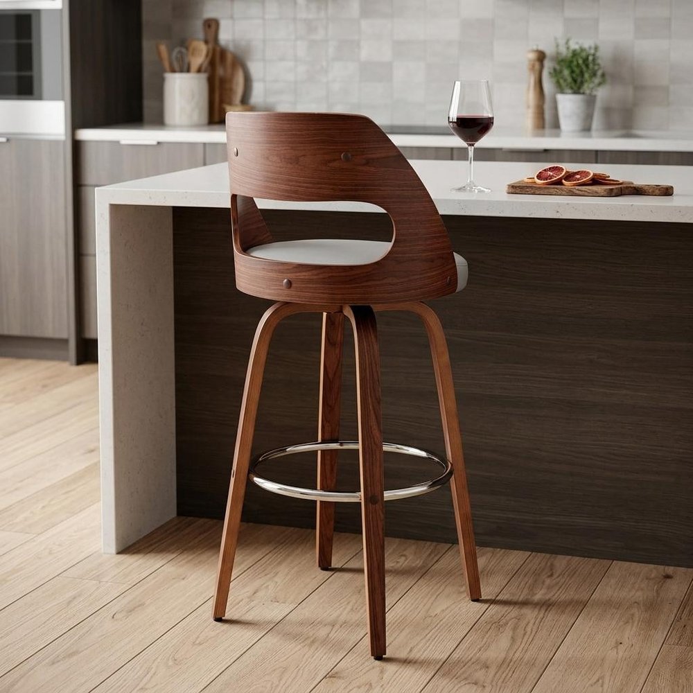 26" Gray and Brown Faux Leather Counter Height Swivel Bar Chair