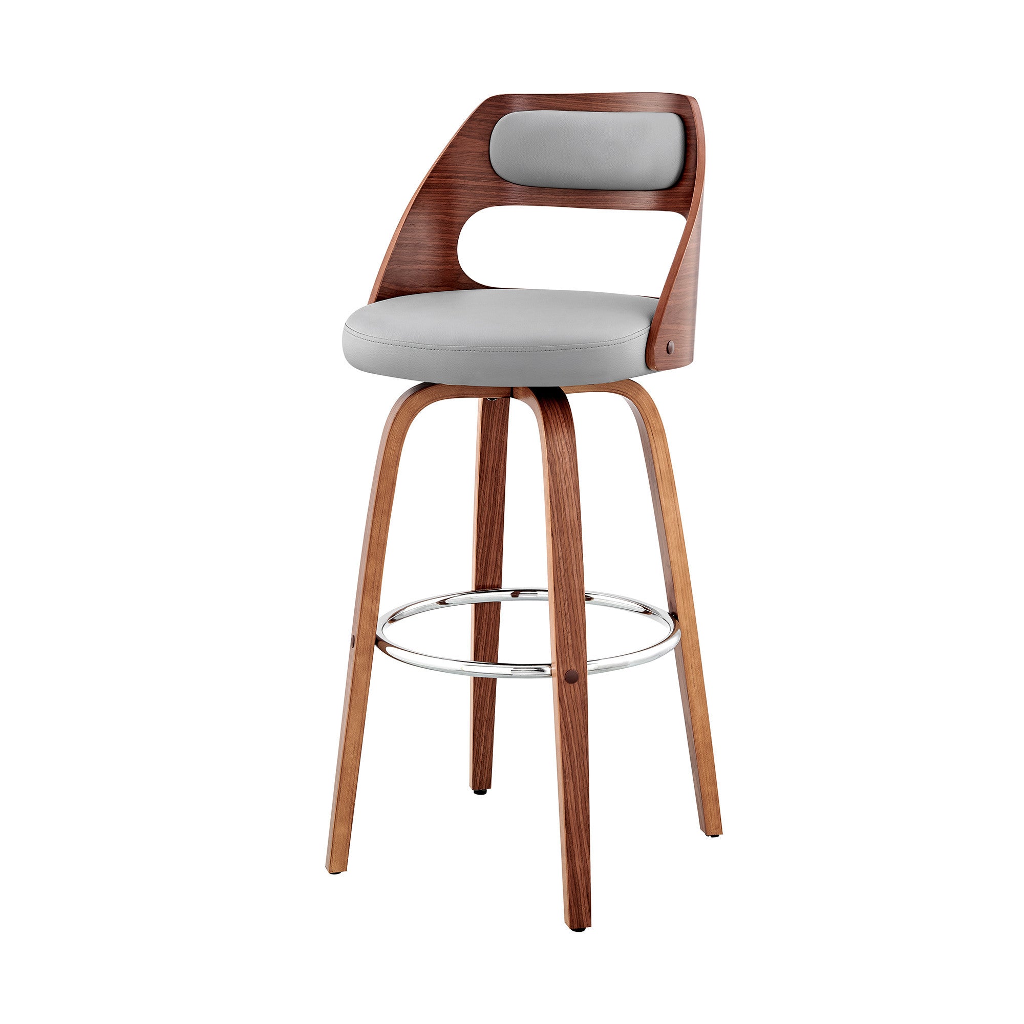 26" Gray And Brown Faux Leather And Fabric And Wood Counter Height Swivel Bar Chair