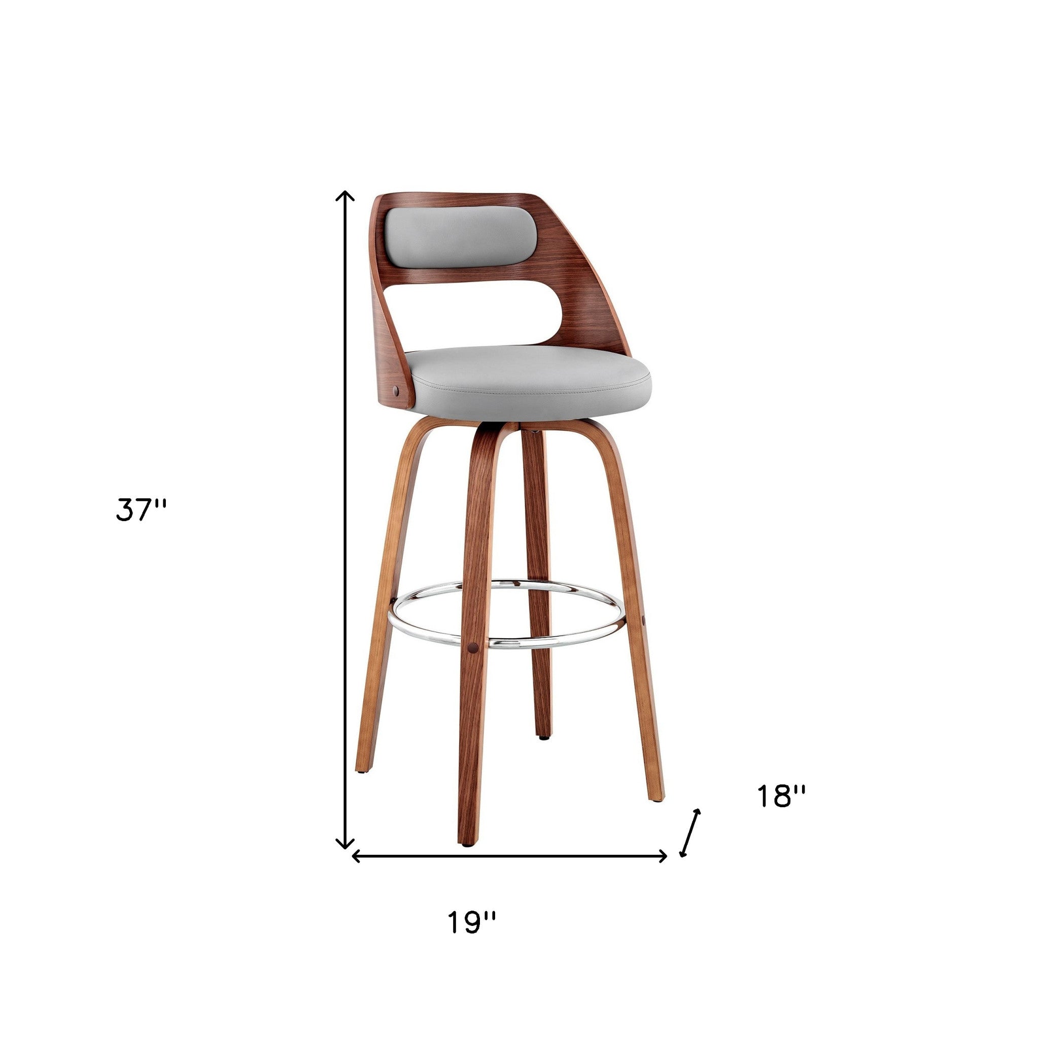 26" Gray And Brown Faux Leather And Fabric And Wood Counter Height Swivel Bar Chair