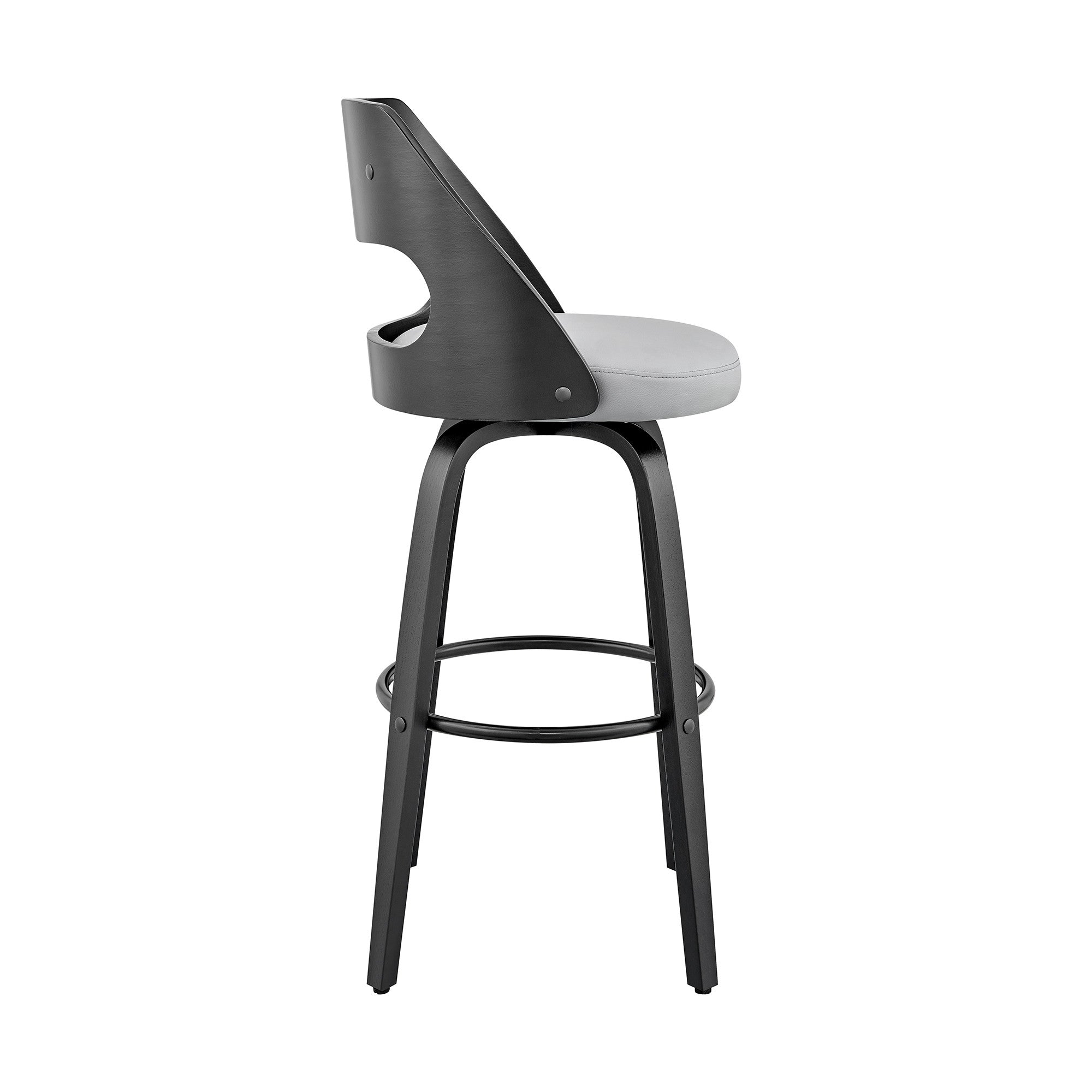 26" Gray And Black Faux Leather And Fabric And Iron Counter Height Swivel Bar Chair