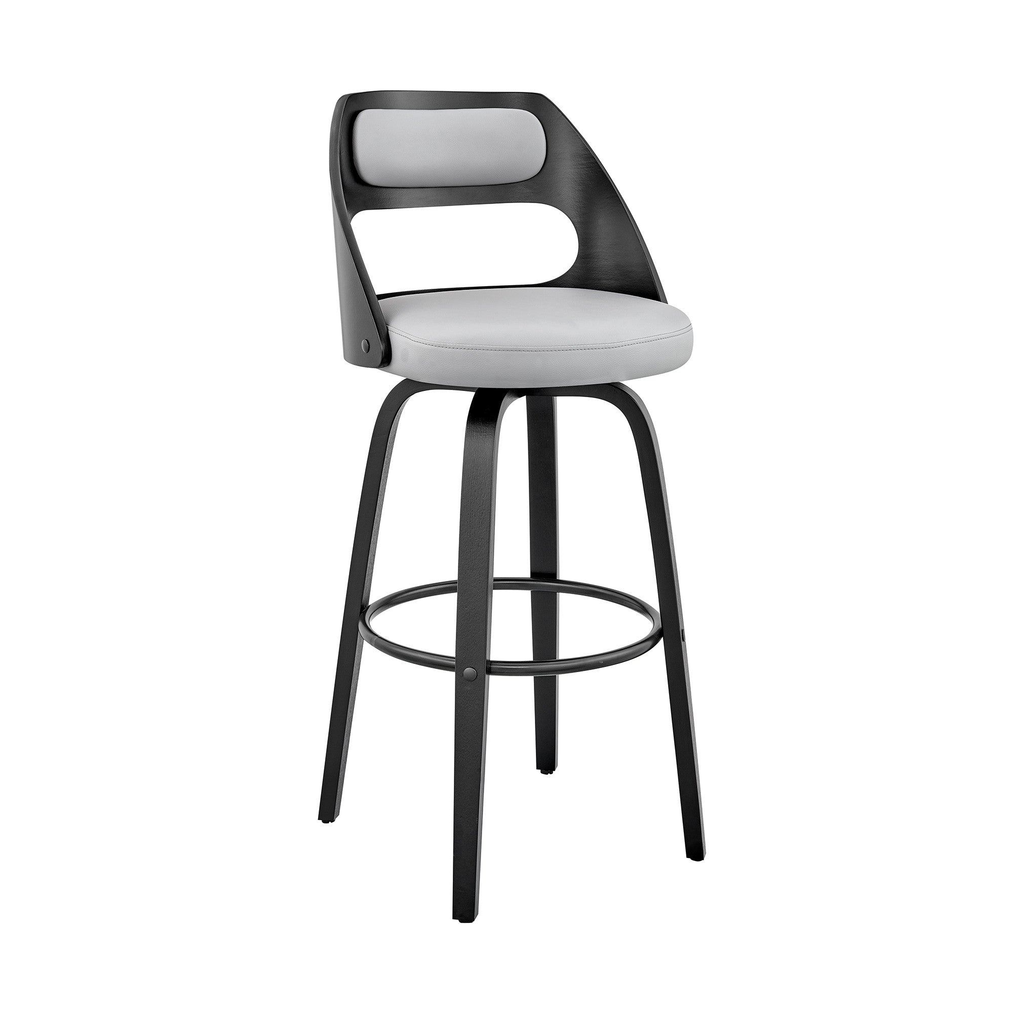 26" Gray And Black Faux Leather And Fabric And Iron Counter Height Swivel Bar Chair