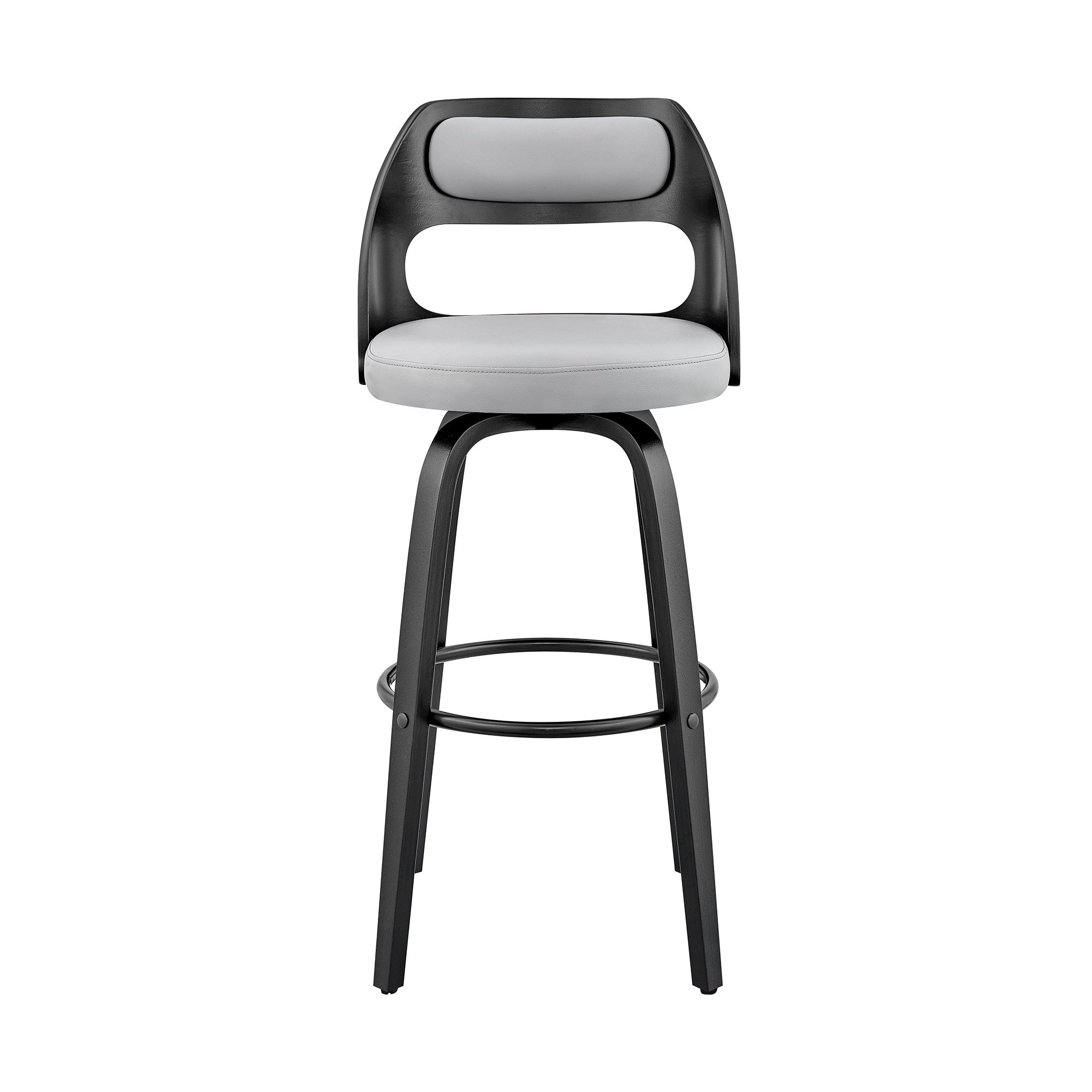 26" Gray And Black Faux Leather And Fabric And Iron Counter Height Swivel Bar Chair