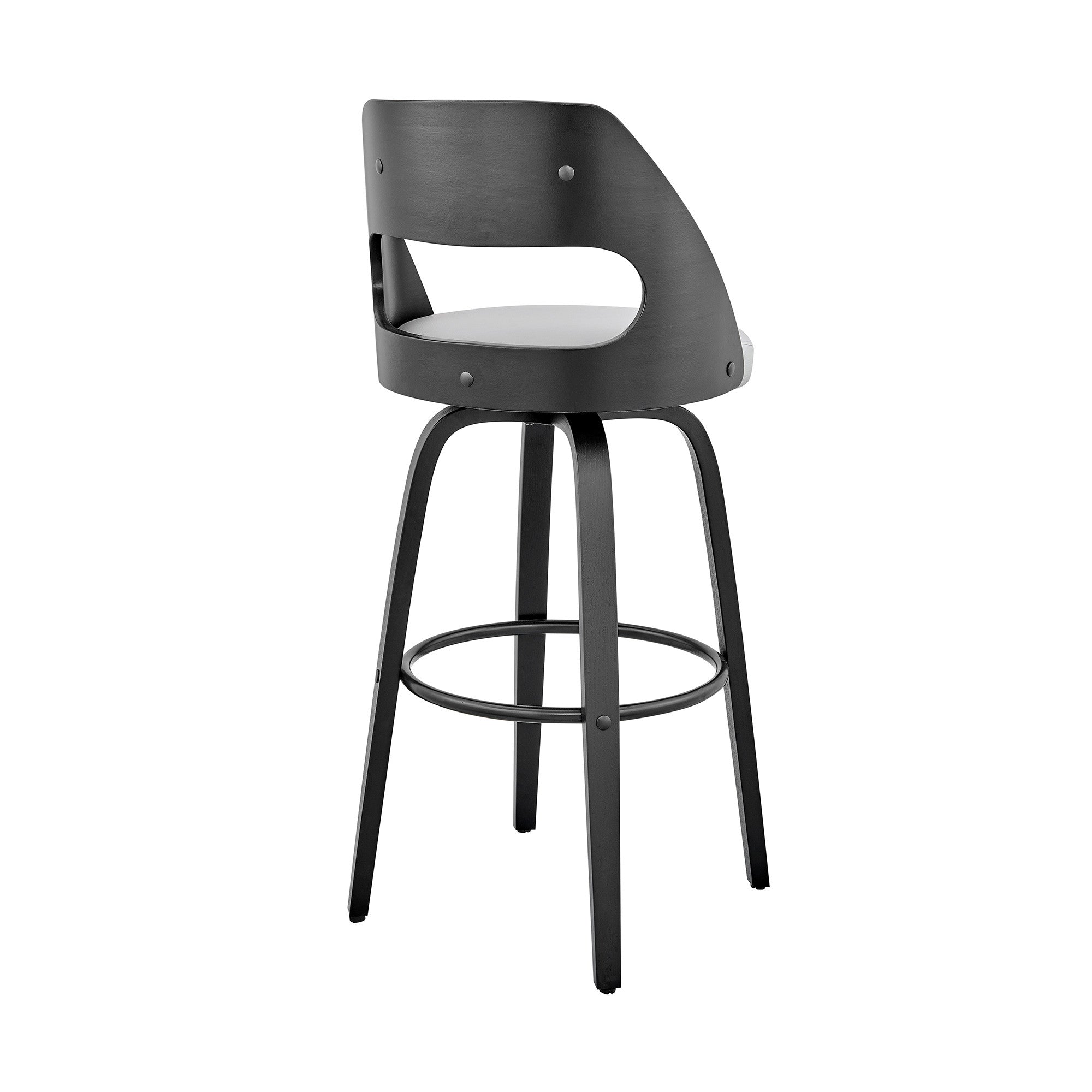 26" Gray And Black Faux Leather And Fabric And Iron Counter Height Swivel Bar Chair