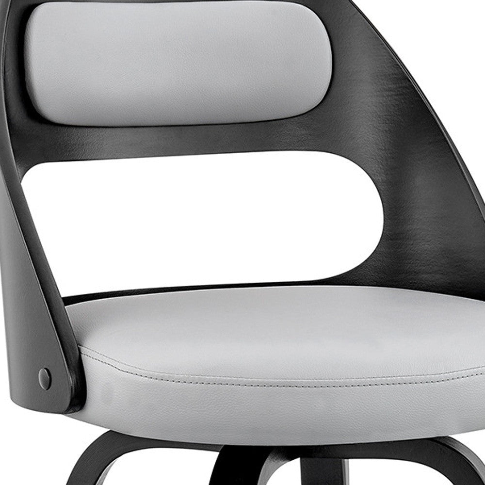 26" Gray And Black Faux Leather And Fabric And Iron Counter Height Swivel Bar Chair