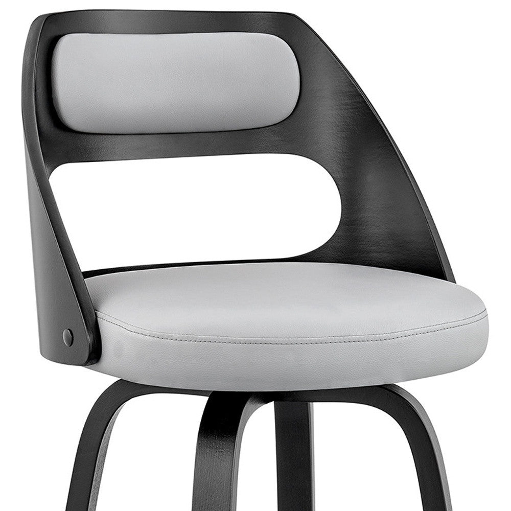 26" Gray And Black Faux Leather And Fabric And Iron Counter Height Swivel Bar Chair