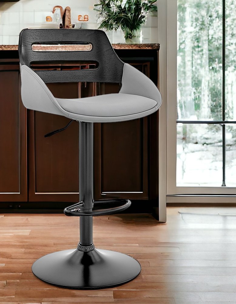 Gray And Black Fabric And Iron Low Back Adjustable Height Swivel Bar Chair